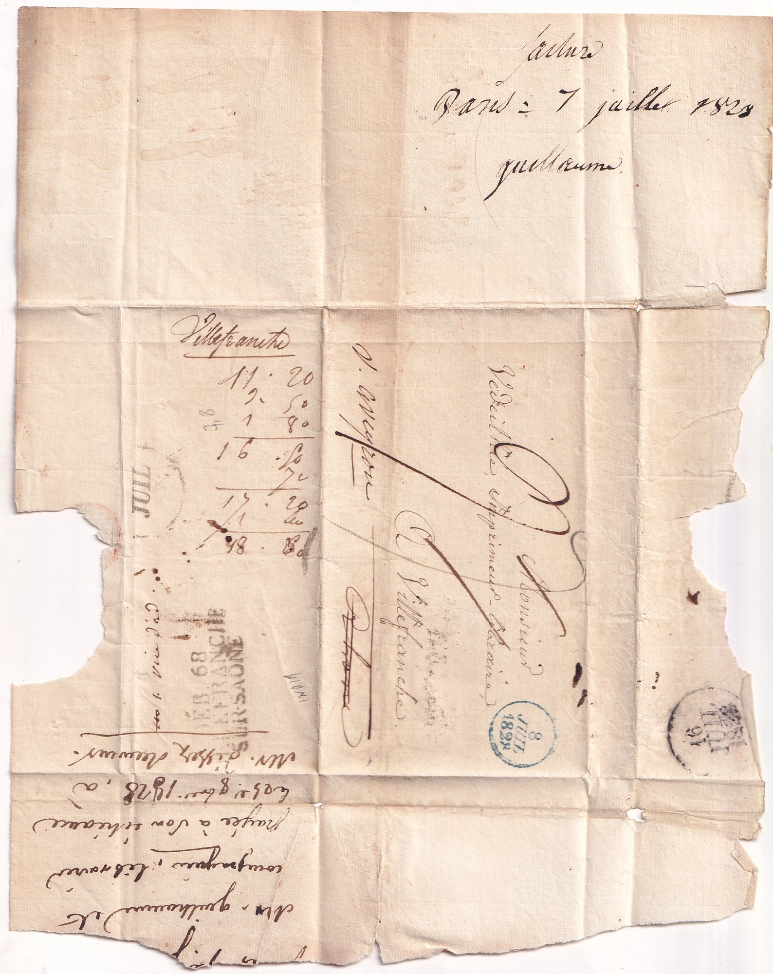 2 DEB 68 VILLEFRANCHE SUR SAONE RHONE EN NOIR 1828 INDICE 19 DEPART PARIS POUR VILLEFRANCHE DE ROUERGUE AVEYRON