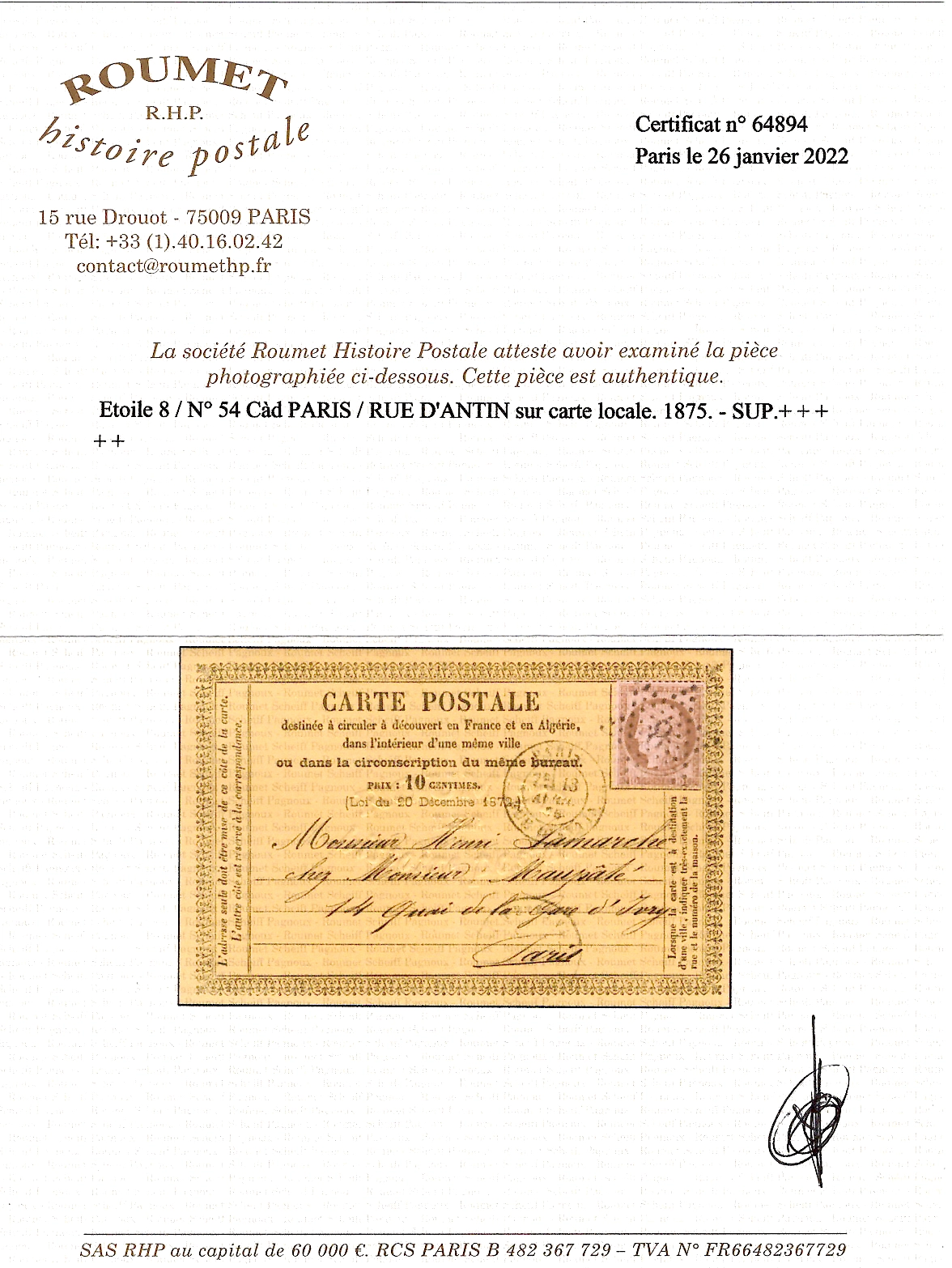 2 N° 54 CARTE PRECURSEUR ETOILE 8 PARIS RUE D'ANTIN 13 AVRIL 1875 CERTIFICAT RHP