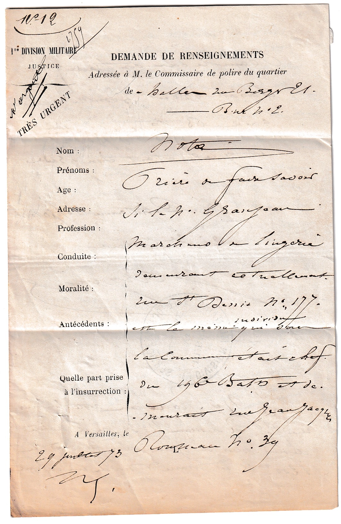 2 COMMUNE DE PARIS VERSAILLE 29 JUILLET 1873 1ERE DIVISION MILITAIRE POUR PARIS