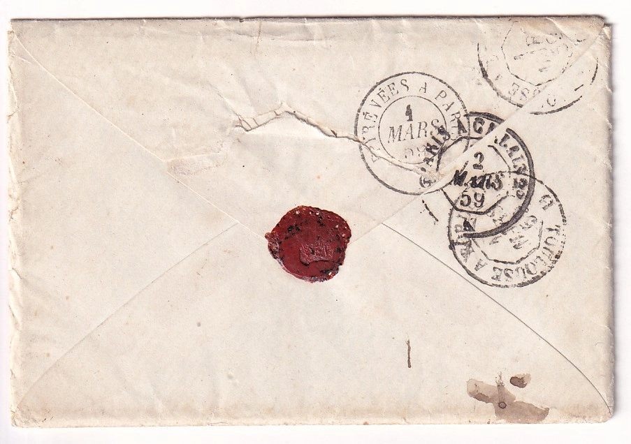 1 N°14 + 17 PC 2234 NEGREPELISSE TARN ET GARONNE DOUBLE PORT POR FORT DE FRANCE MARTINIQUE SUR LE BRICK L'OLIVIER 1859