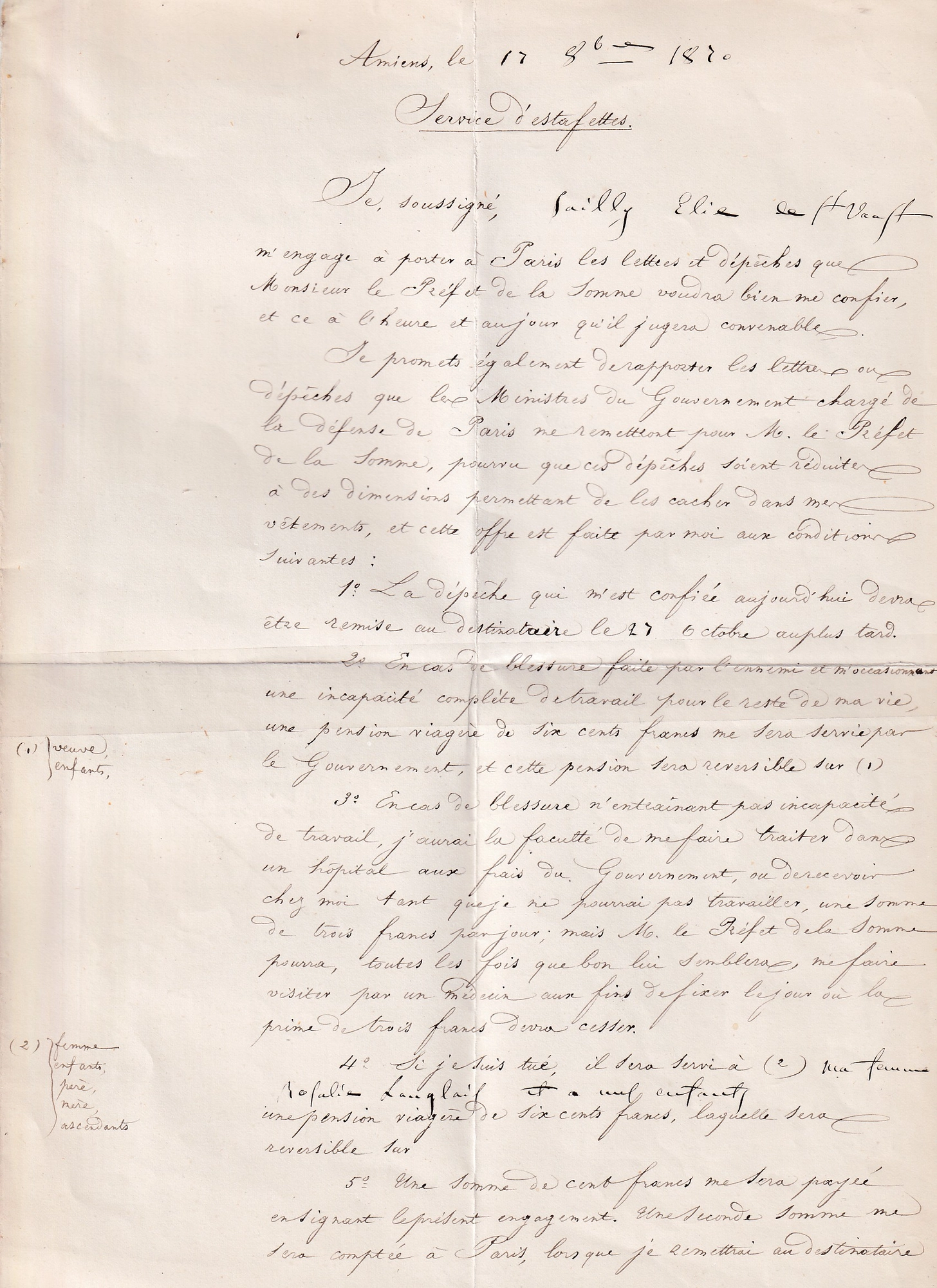 1 GUERRE 1870 EXCEPTIONNEL CONTAT D'UN PASSEUR PENDANT LE SIEGE DE PARIS FAIT A AMIENS PRFET DE LA SOMME 13 OCT 1870 + UNE LETTRE PAR CE PASSEUR