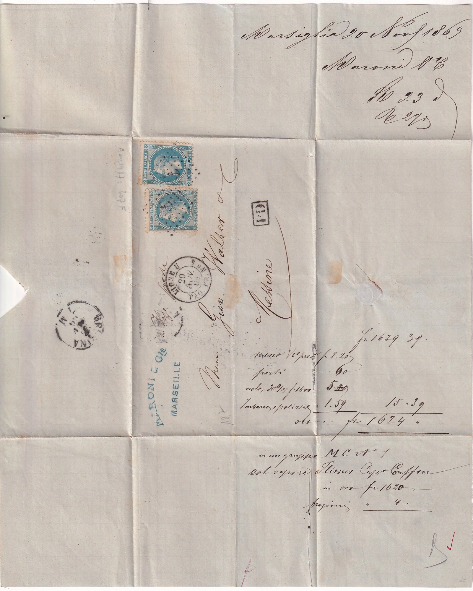 2 N°29 X2 LIGNE U PAQ FR N°4 POUR MESSINE MESSINA ITALIE ITALIA