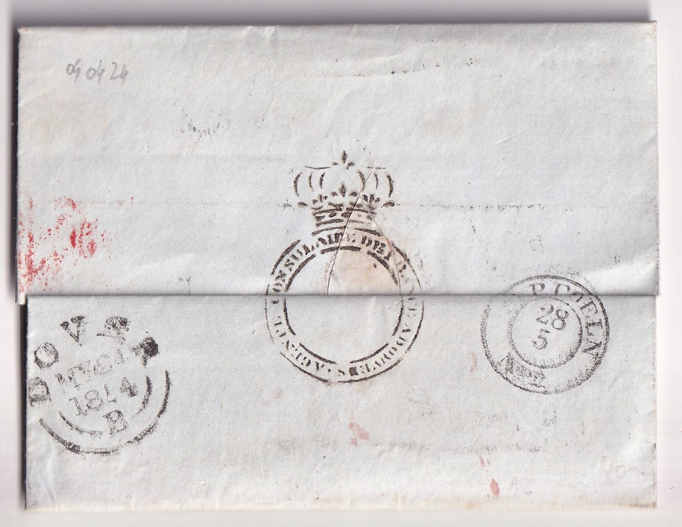 1 MARQUE ENTREE AUS ENGLAND PORTO CALAIS PAS DE CALAIS 1844 DEPART DOVER ANGLETERRE POUR COLOGNE KOLN ALLEMAGNE