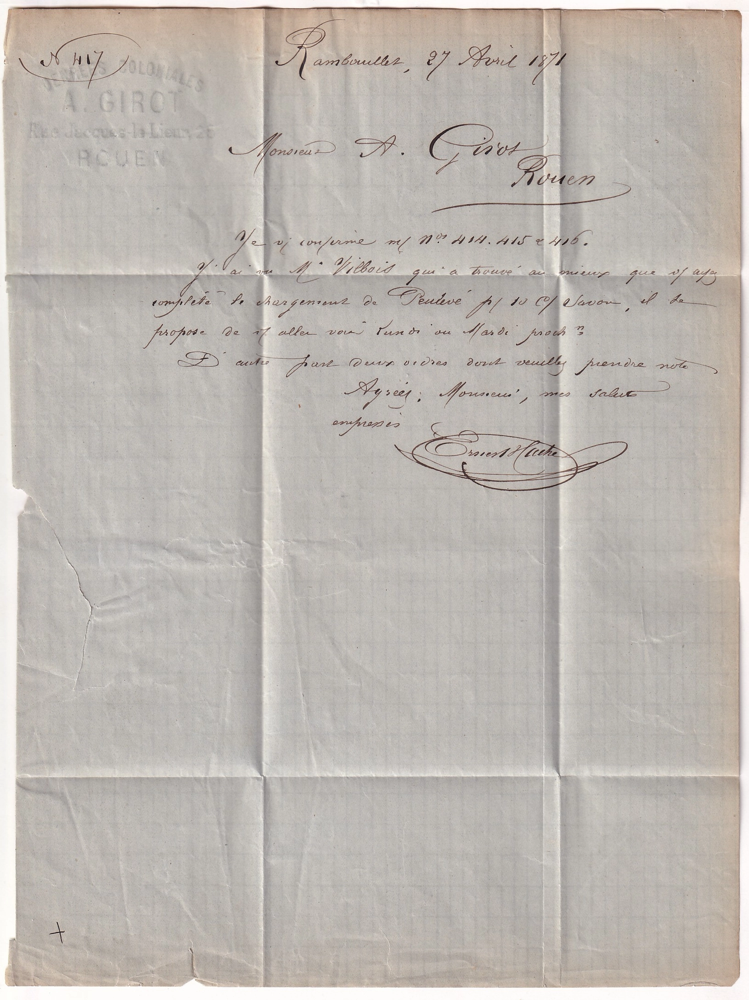 2 COMMUNE DE PARIS N°29 ANNULATION PLUME RAMBOUILLET SEINE ET OISE 27 AVRIL 1871 RETRAIT DE LA POSTE PRUSSIENNE POUR ROUEN SEINE INFERIEURE