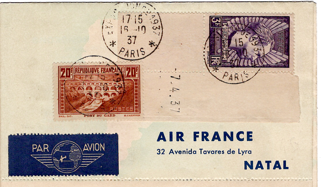 2 PONT DE GARD 20FR + 3FR MERMOZ BDF DEPLIANT TOUR DU MONDE PARIS 1937 NATAL USA HONG KONG