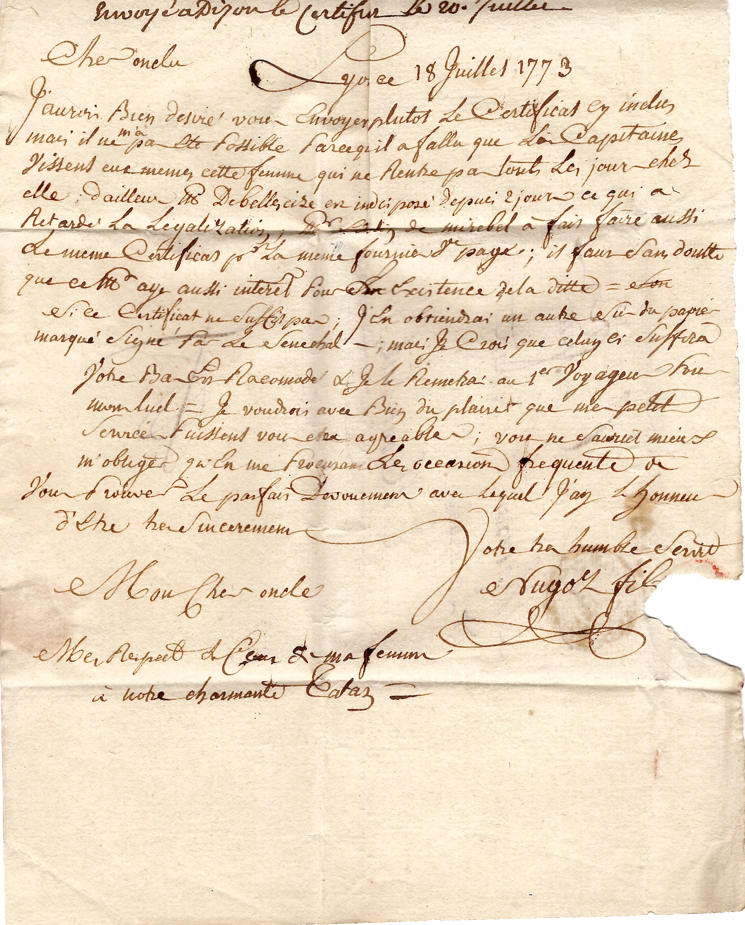 2 RHONE MARQUE DE LYON + ORNE LETTRE 1773 POUR MONTLUEL AIN + F DE FRANC COTE 2550€