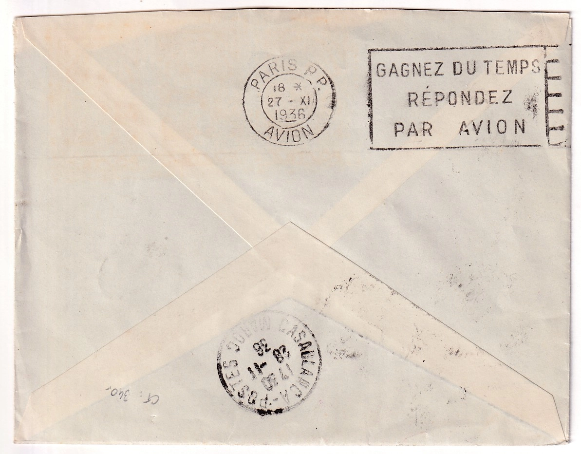 1 N°230 231 ORPHELINS DE GUERRE PARIS 1936 POUR CASABLANCA MAROC PAR AVION