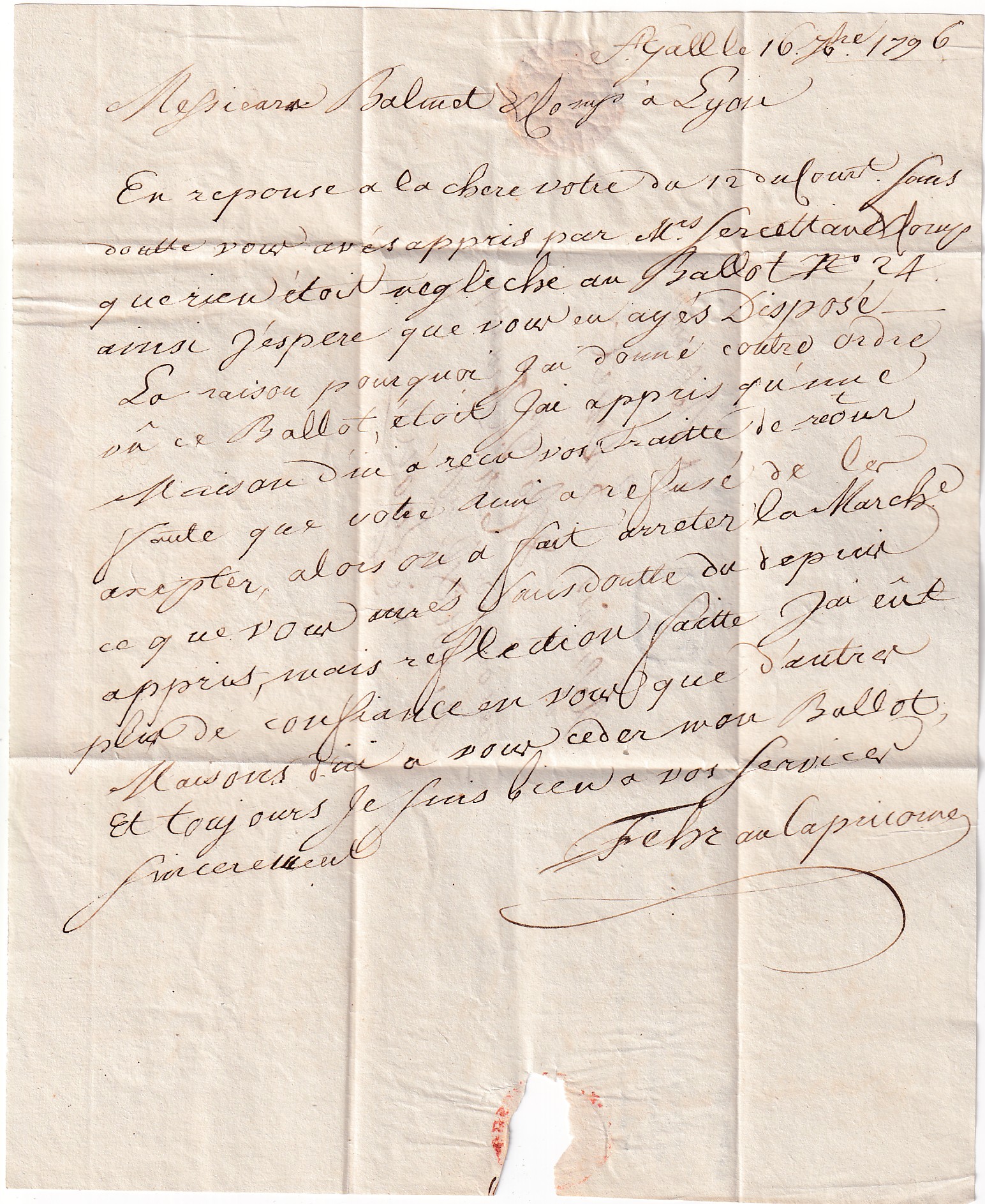2 PETITE POSTE DE LYON REMISE AU FACTEUR ACHEMINEE DE ST GALL SUISSE 1796
