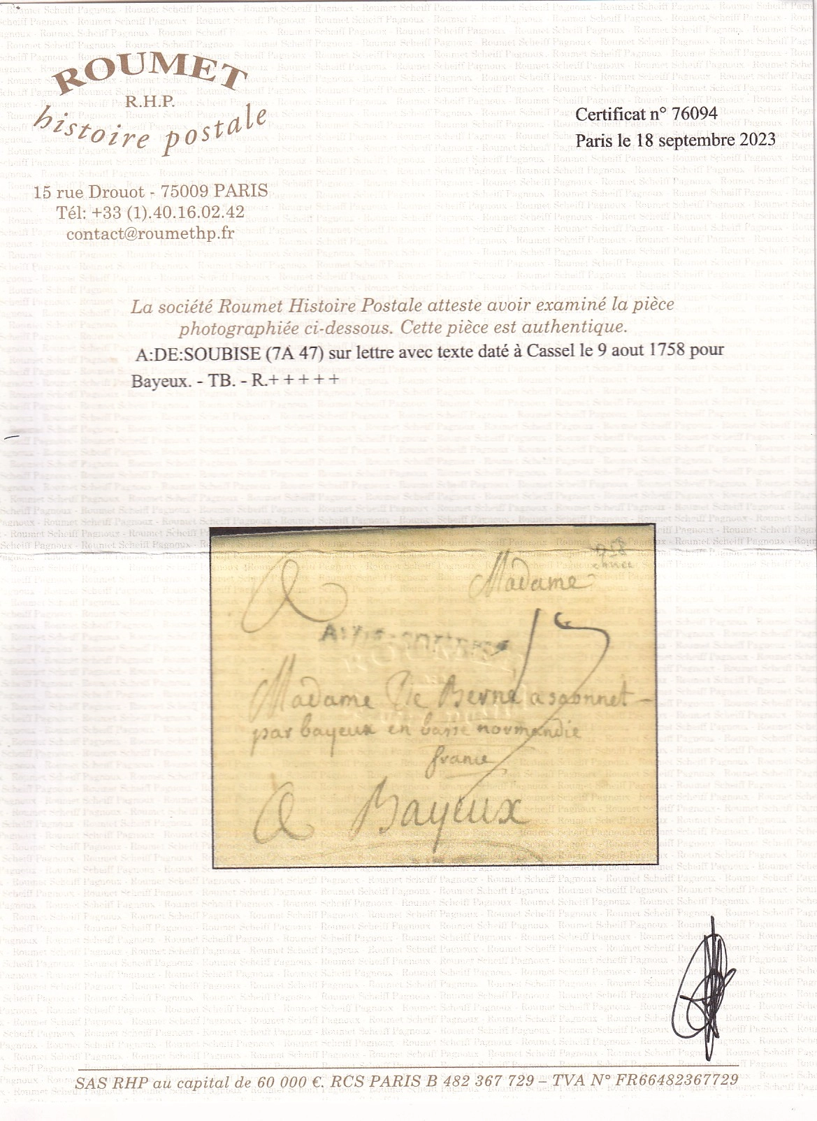 4 MARQUE ARMEE DE SOUBISE TEXTE CASSEL ALLEMAGNE 1758 POUR BAYEUX CALVADOS CERTIFICAT RHP