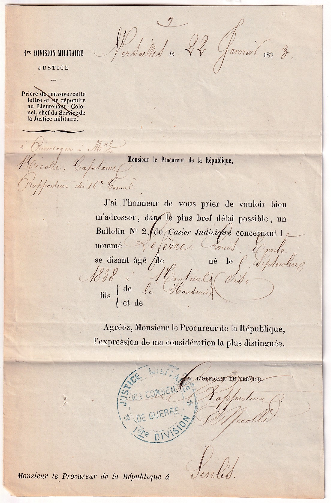 2 COMMUNE DE PARIS VERSAILLE 23 JANV 1873 16EME CONSEIL DE GUERRE POUR SENLIS OISE
