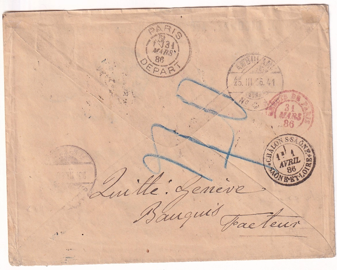 1 N°90 CHALON SUR SAONE 1886 TAXE 20C NOIR DUVAL + TAXE 20 VERT SUISSE POUR GENEVE AU DOS REBUTS DE PARIS EN ROUGE SAONE ET LOIRE