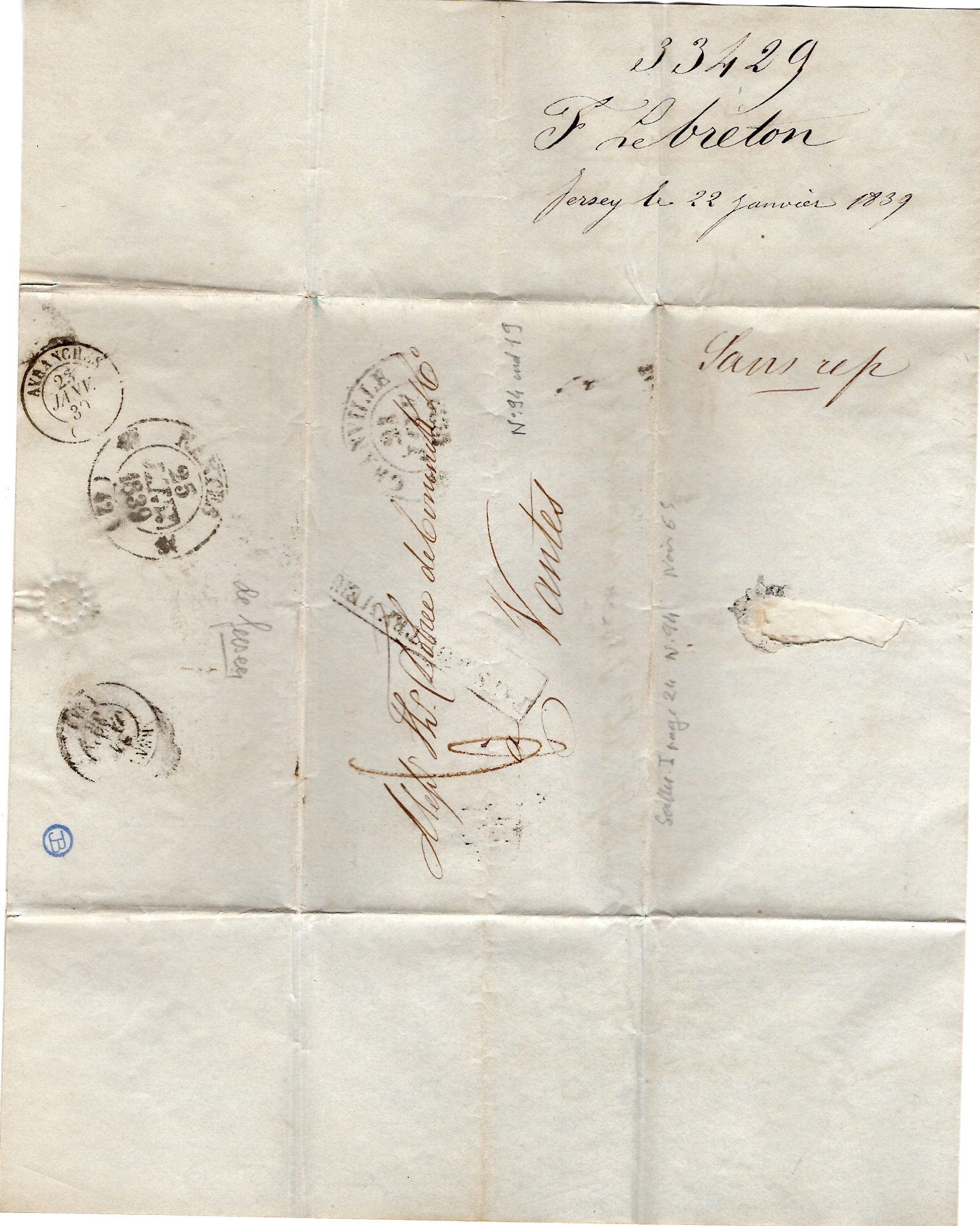 3 JERSEY LETTRE + GRANVILLE 1839 POUR NANTES + PAYS OUTREMER