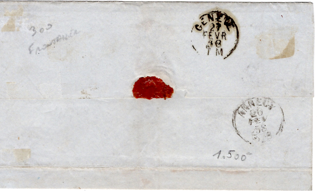 1 SARDE 20C BELLES MARGES LETTRE SEYSSEL 24 FEV 1858 POUR GENEVE TARIF FRONTALIER RARE