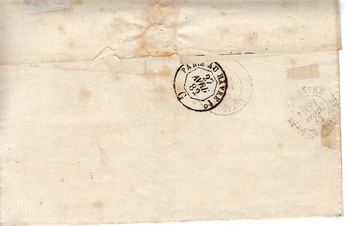 1 ALPHEE DUBOIS 25C BISTRE SEUL LETTRE MARTINIQUE ST PIERRE 1882+ CACHET OCTOG ROUGE COL FR LIGNE