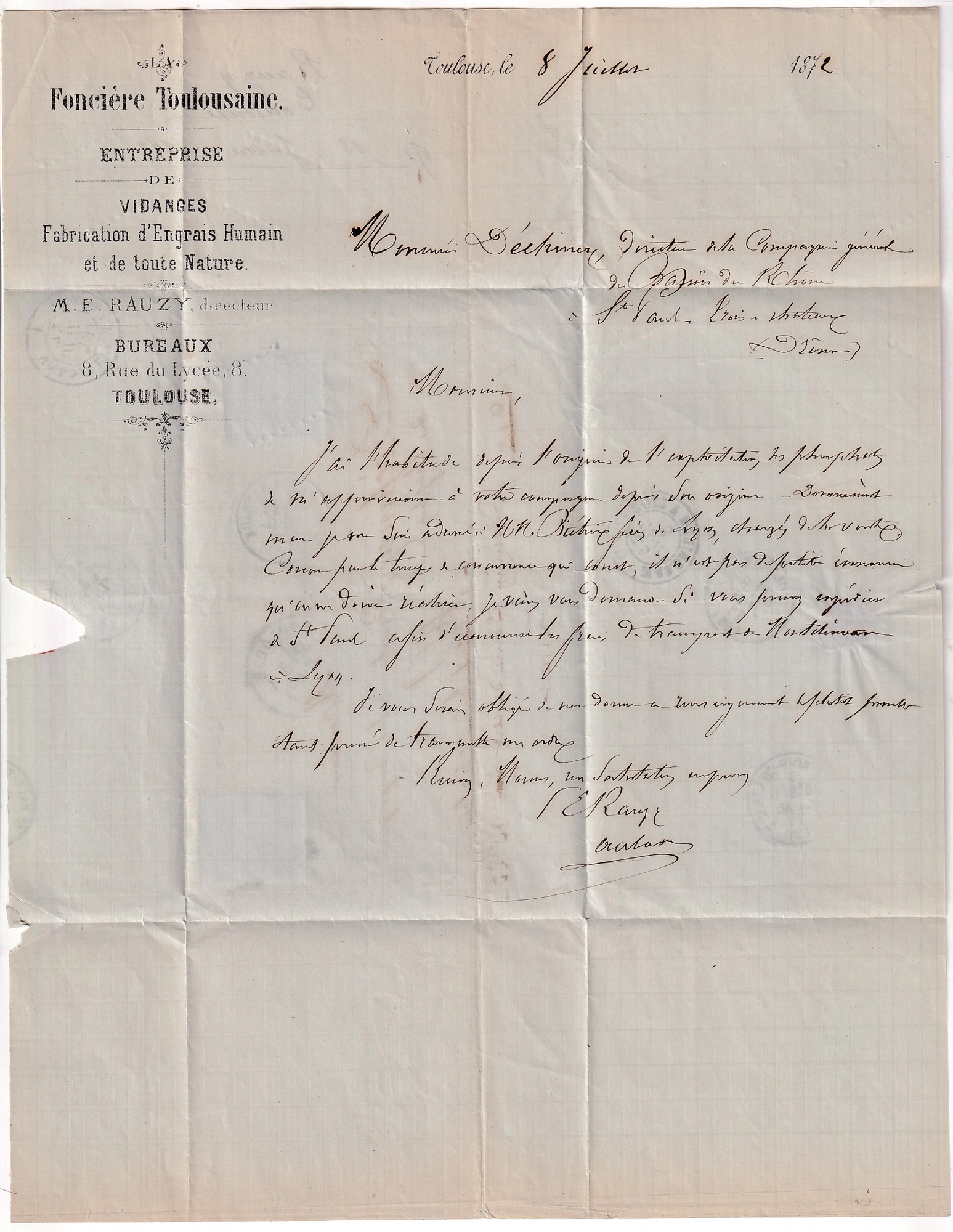 2 N°60 GC 3982 TOULOUSE REEXP N°60 GC 3800 ST PAUL TROIS CHATEAUX DROME POUR LYON RHONE 1872