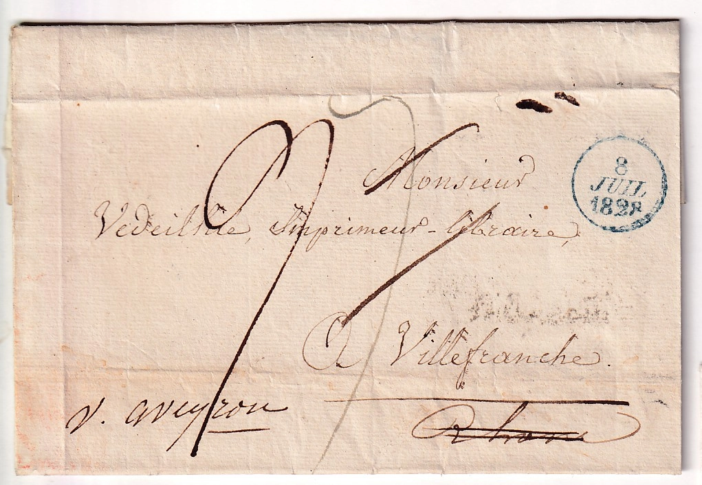 1 DEB 68 VILLEFRANCHE SUR SAONE RHONE EN NOIR 1828 INDICE 19 DEPART PARIS POUR VILLEFRANCHE DE ROUERGUE AVEYRON