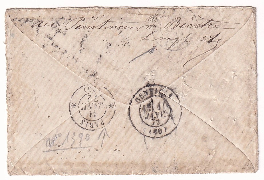 1 N°60 PARIS ETOILE 39 MENTION REMIS 25C EN TIMBRE POSTE AU DOS PENITENCIER DE BICETRE POUR CAMPS DE SATORY VERSAILLES