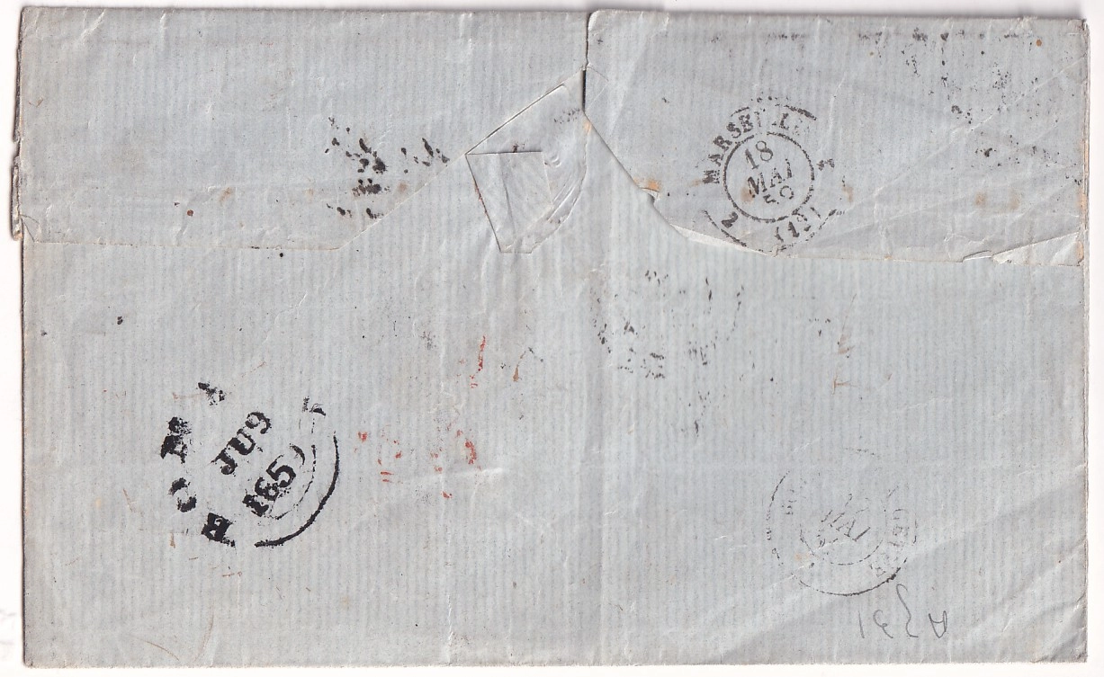 1 N°17B PC 441 BORDEAUX GIRONDE POUR BOMBAY INDE INDIA 1859 VIA SUEZ OVERLAND MAIL