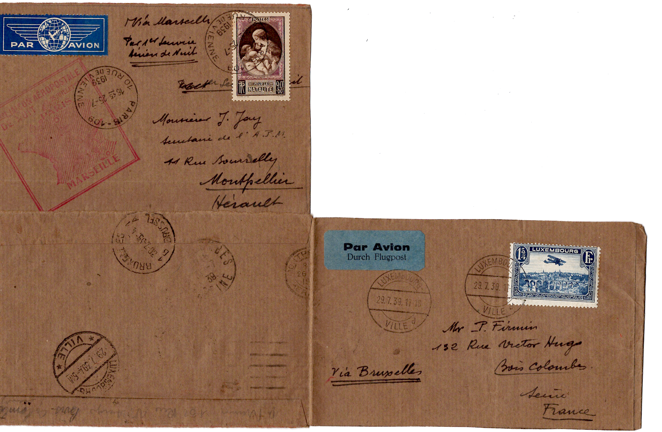 1 N° 439 SEUL DEPLIANT AVION MONTPELLIER 1939  POUR LUXEMBOURG  AFFR PA 1FR50 LUXEMBOURG