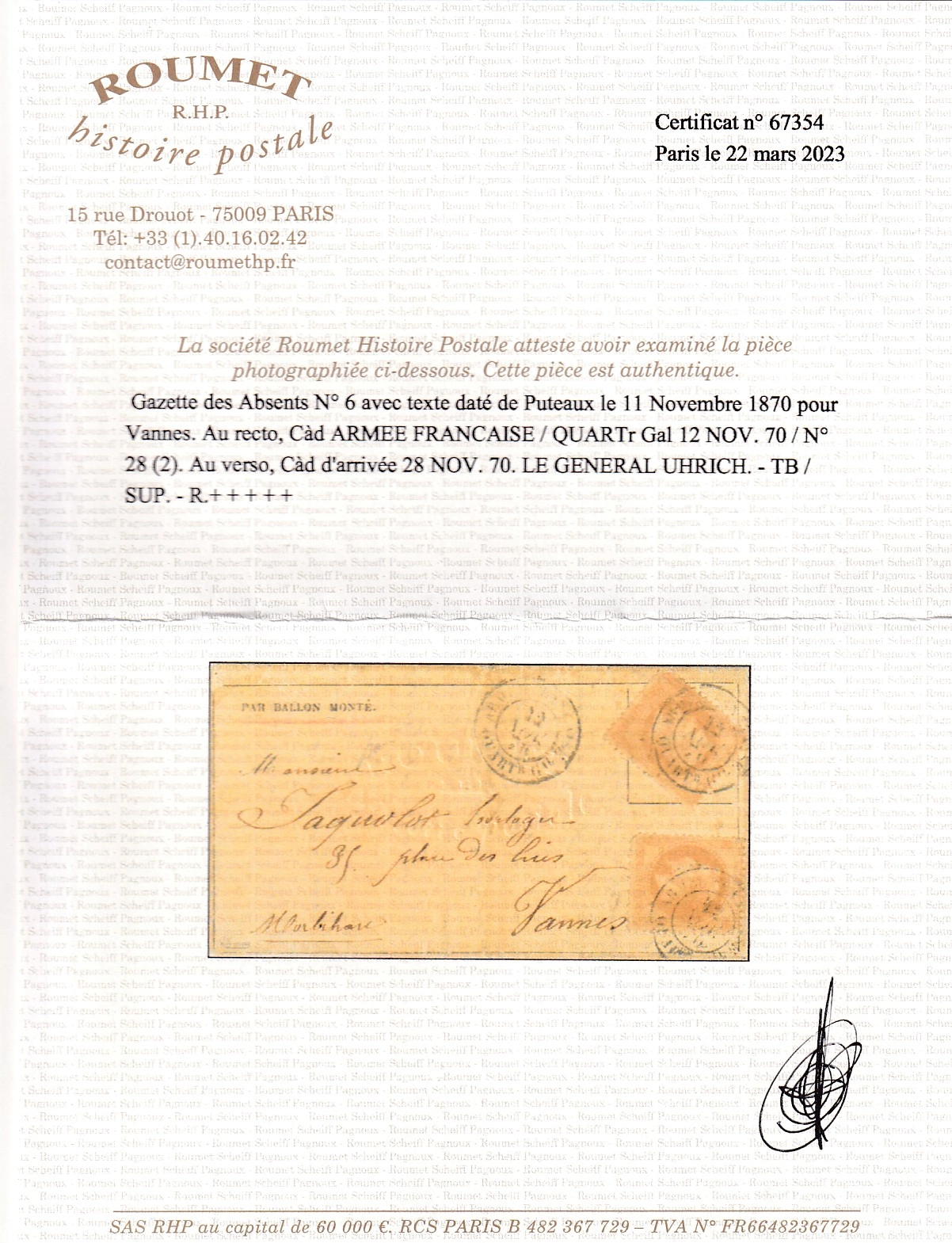 4 BALLON MONTE CAD ARMEE FRANCAISE QUARTIER GENERAL 12.11.1870 LE GENERAL UHRICH GAZETTE DES ABSENTS N°6 POUR VANNES MORBIHAN ARRIVE 28.11.1870