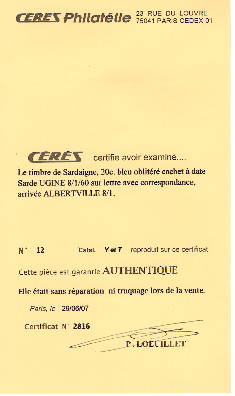 6 SARDE 20C LETTRE UGINE 8. JAN 1860 POUR BEAUFORT SAVOIE + CERTIFICAT