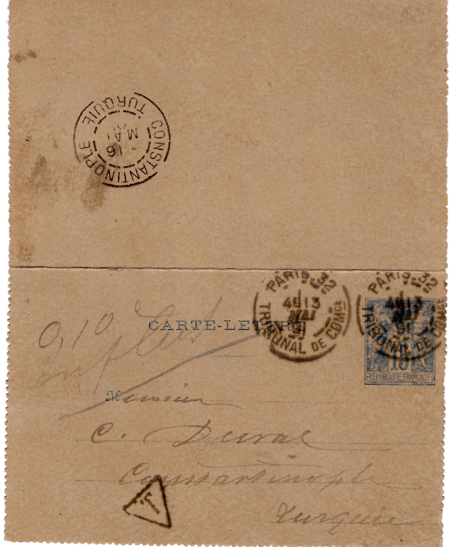 1 ENTIER SAGE 15C CARTE LETTRE TYPE A PARIS 32 13 MAI 1891 POUR TURQUIE TAXE 0.10 MANUSCRITE