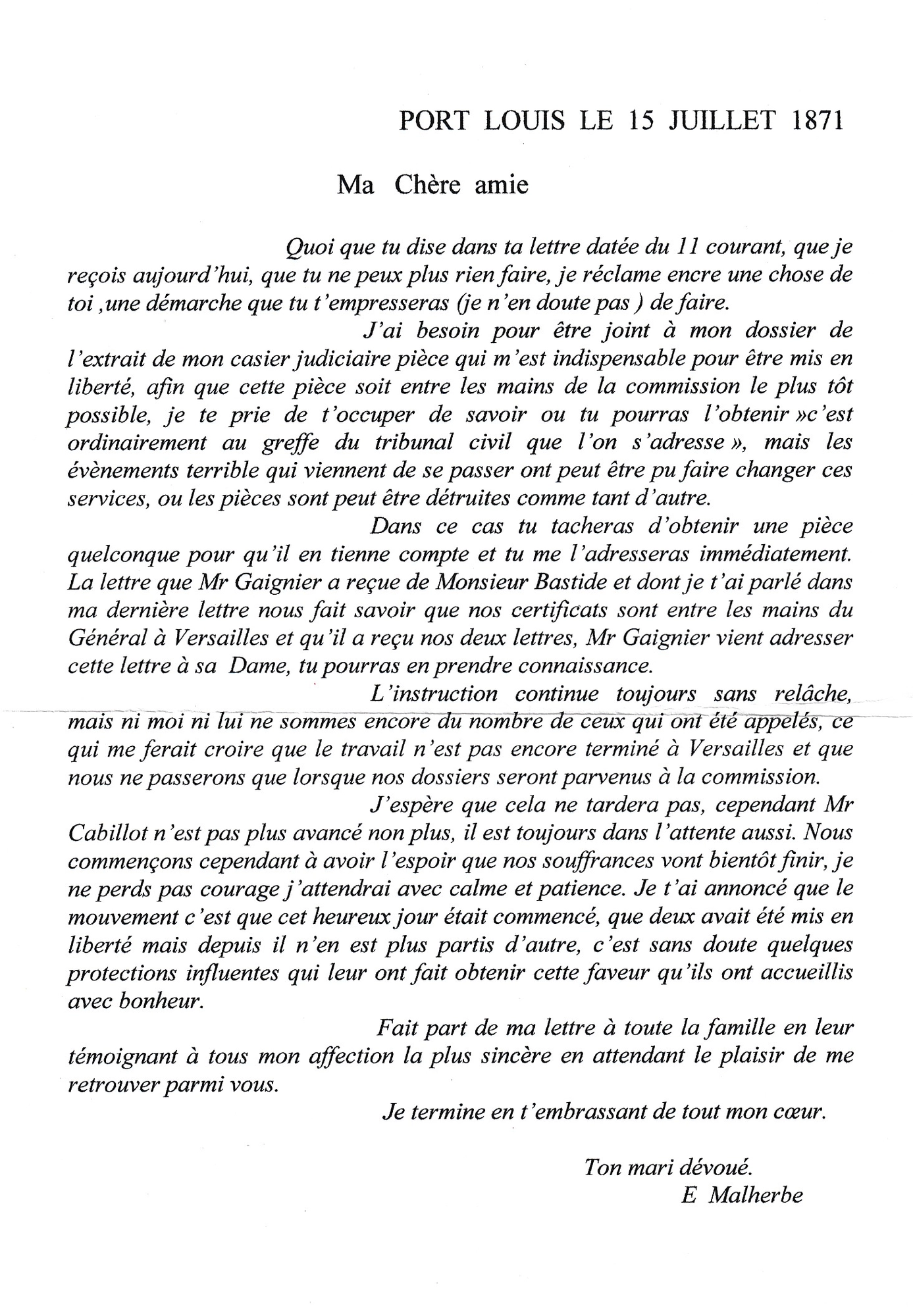 4 LETTRE D'UN DETENU  A LA CITADELLE DE PORT LOUIS MORBIHAN N°28 PAIRE GC 2988 POUR PARIS 15 JUILLET 1871 AVEC TRANSCRIPTION DU TEXTE COMMUNE DE PARIS