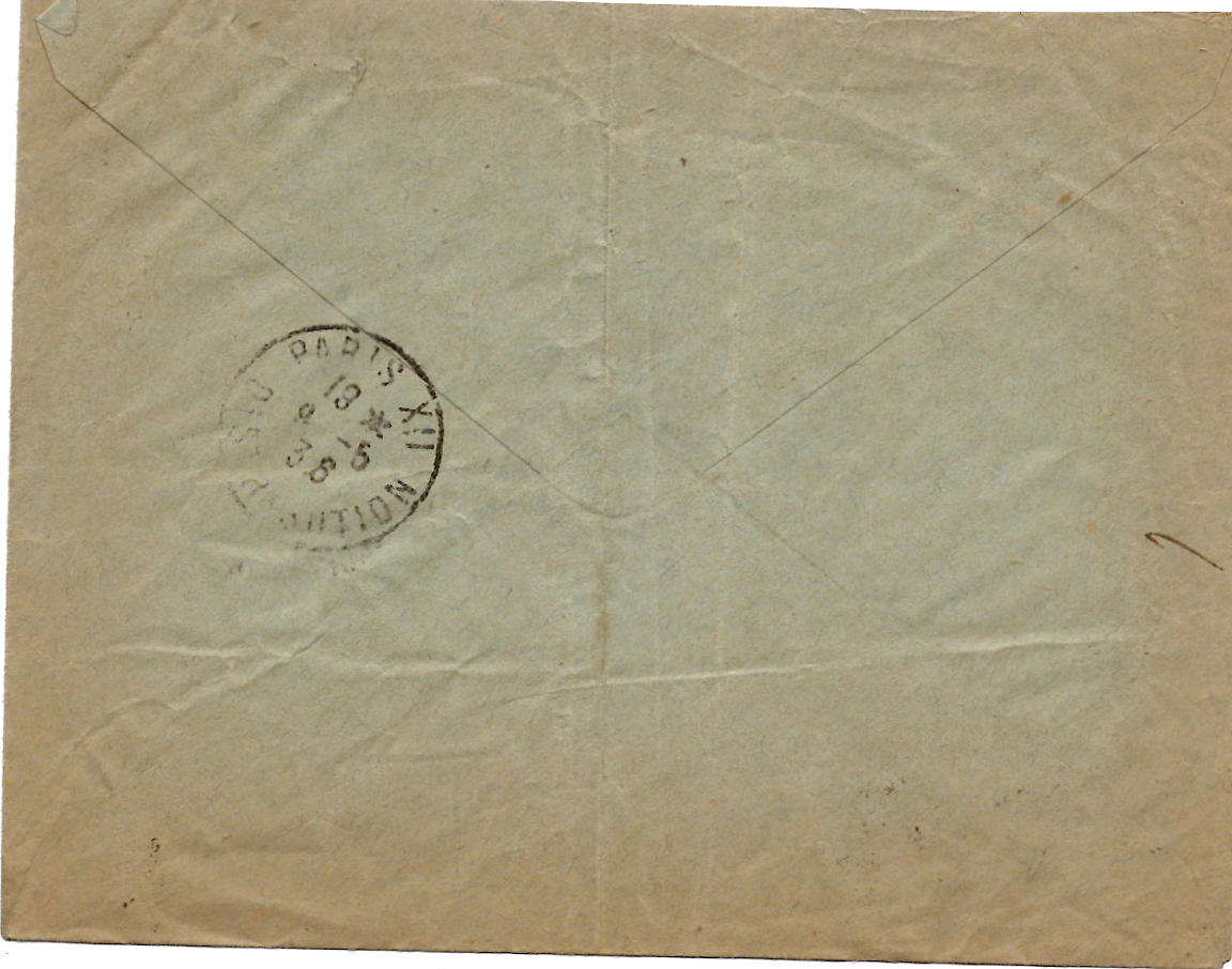 1 PASTEUR 1F25+ PAIX 50C F.M. LETTRE REC PARIS 1908 9.5.1936 AU TARIF