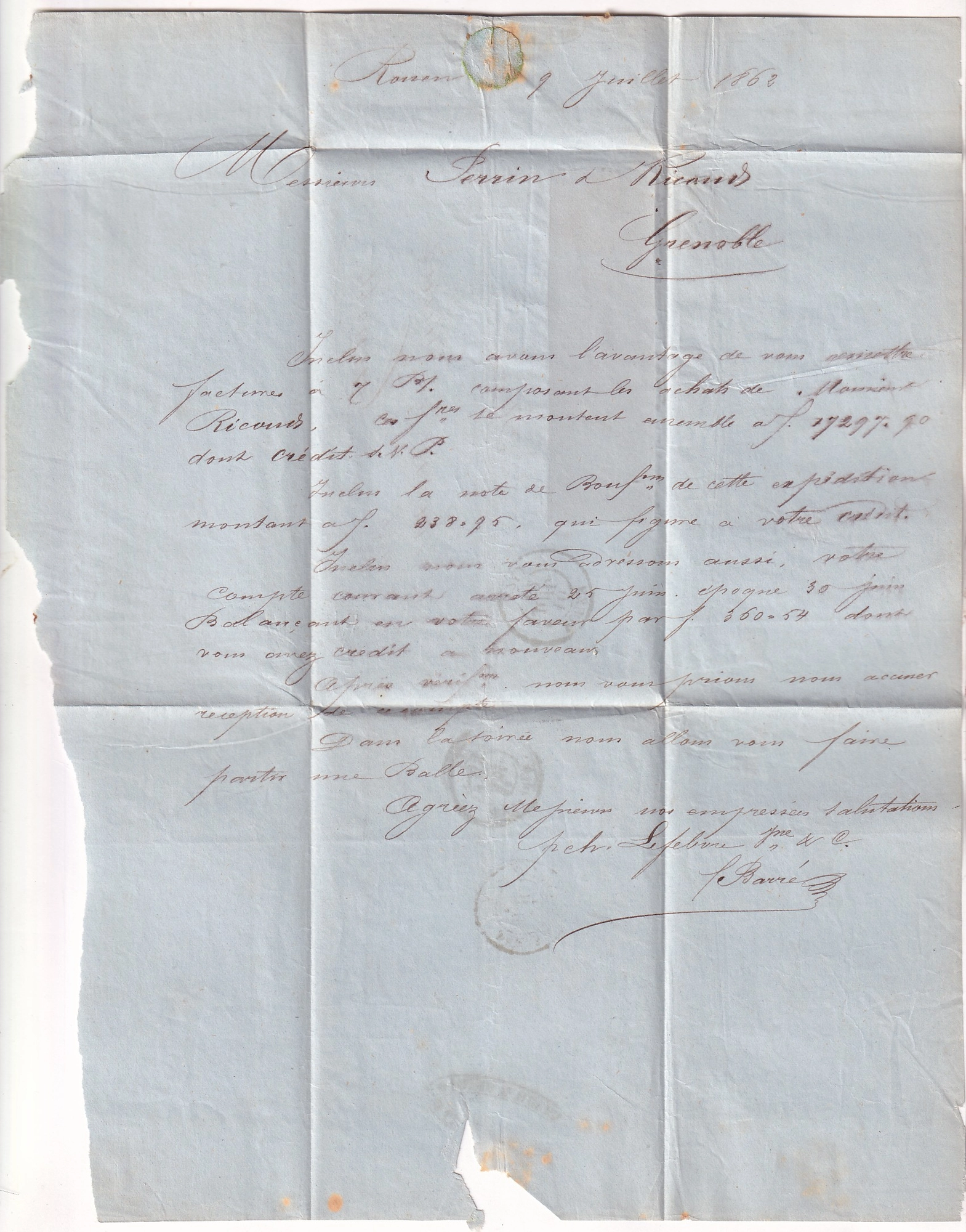 2 N°14B BANDE DE 4 TTB PC 2738 ROUEN SEINE INFERIEURE POUR GRENOBLE 1862
