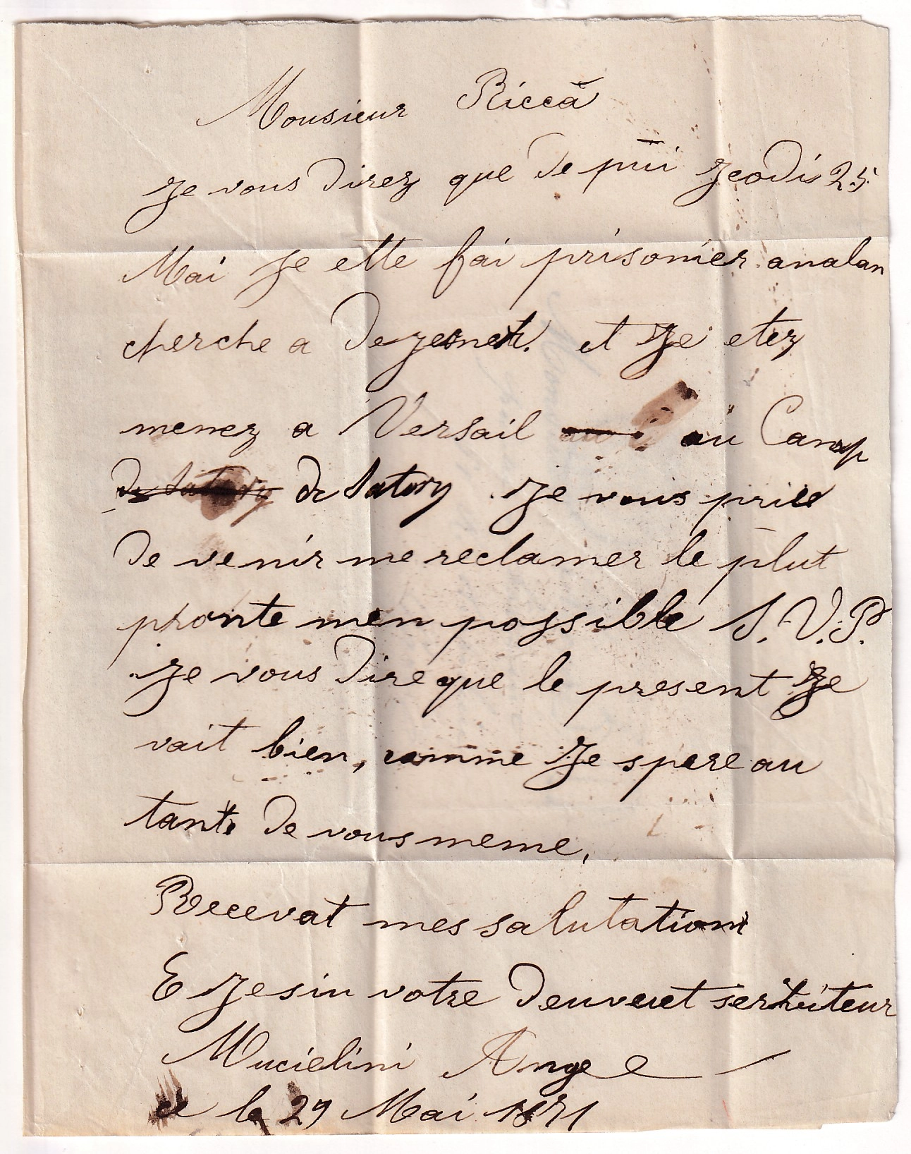1 LETTRE D'UN DETENU AU CAMPS DE SATORY VERSAILLES 30 MAI 1871 TAXE TAMPON 30 DT POUR PARIS COMMUNE DE PARIS