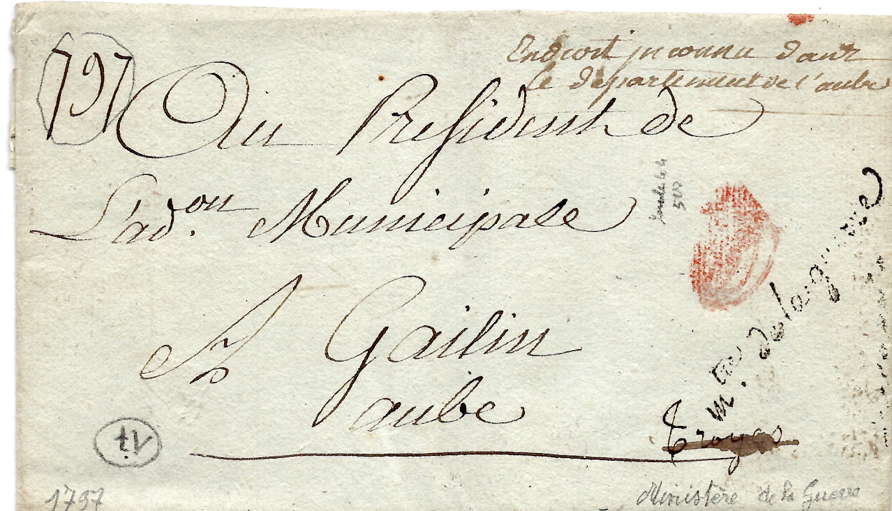 1 AUBE DEB DE TROYES LETTRE SANS TEXTE + FRANCHISE MTRE DE LA GUERRE