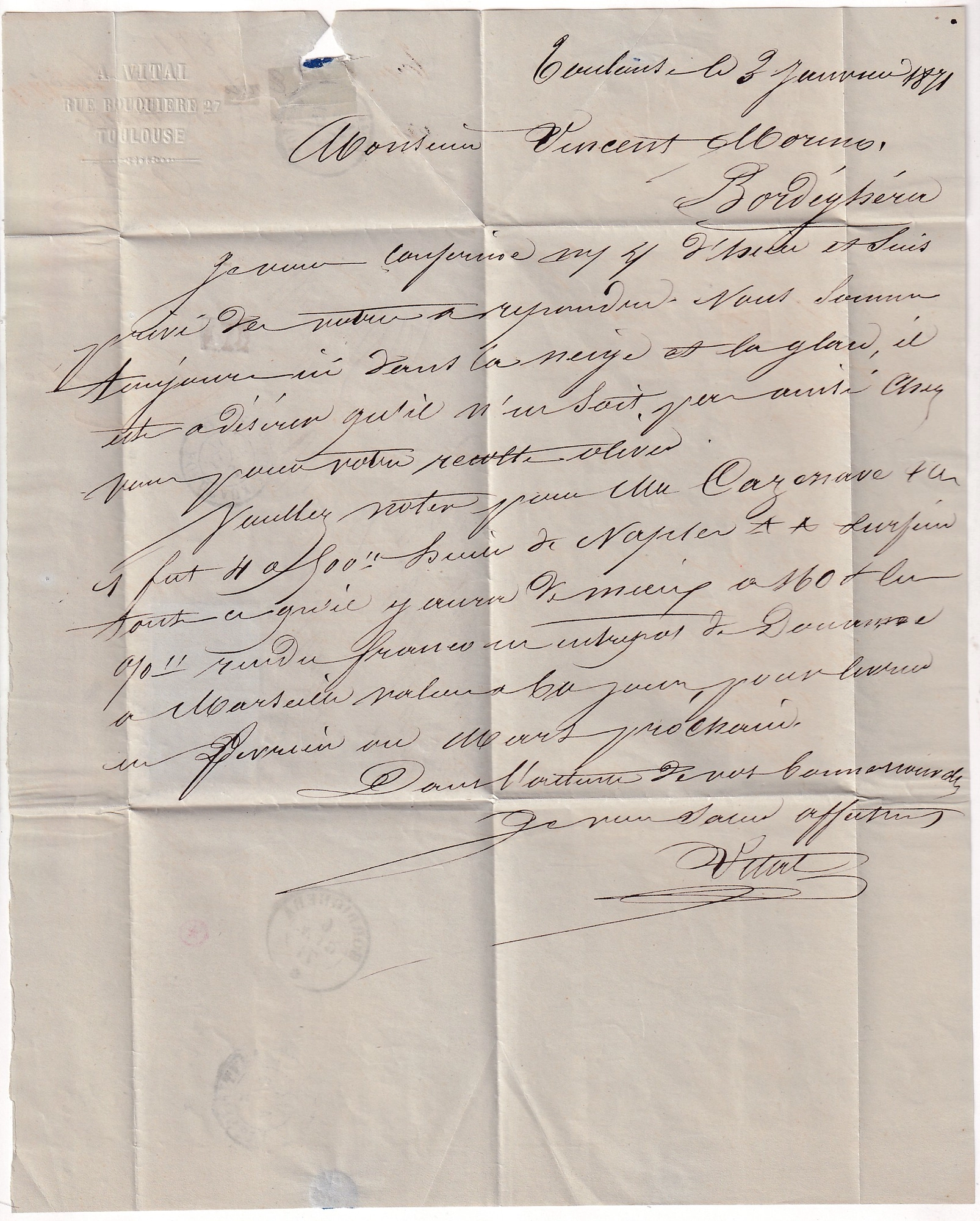 2 N°45C PAIRE TB AMBULANT BORDEAUX A CETTE POUR BORDIGHERA ITALIE ITALIA TEXTE DE TOULOUSE VIA MENTON ALPES MARITIMES