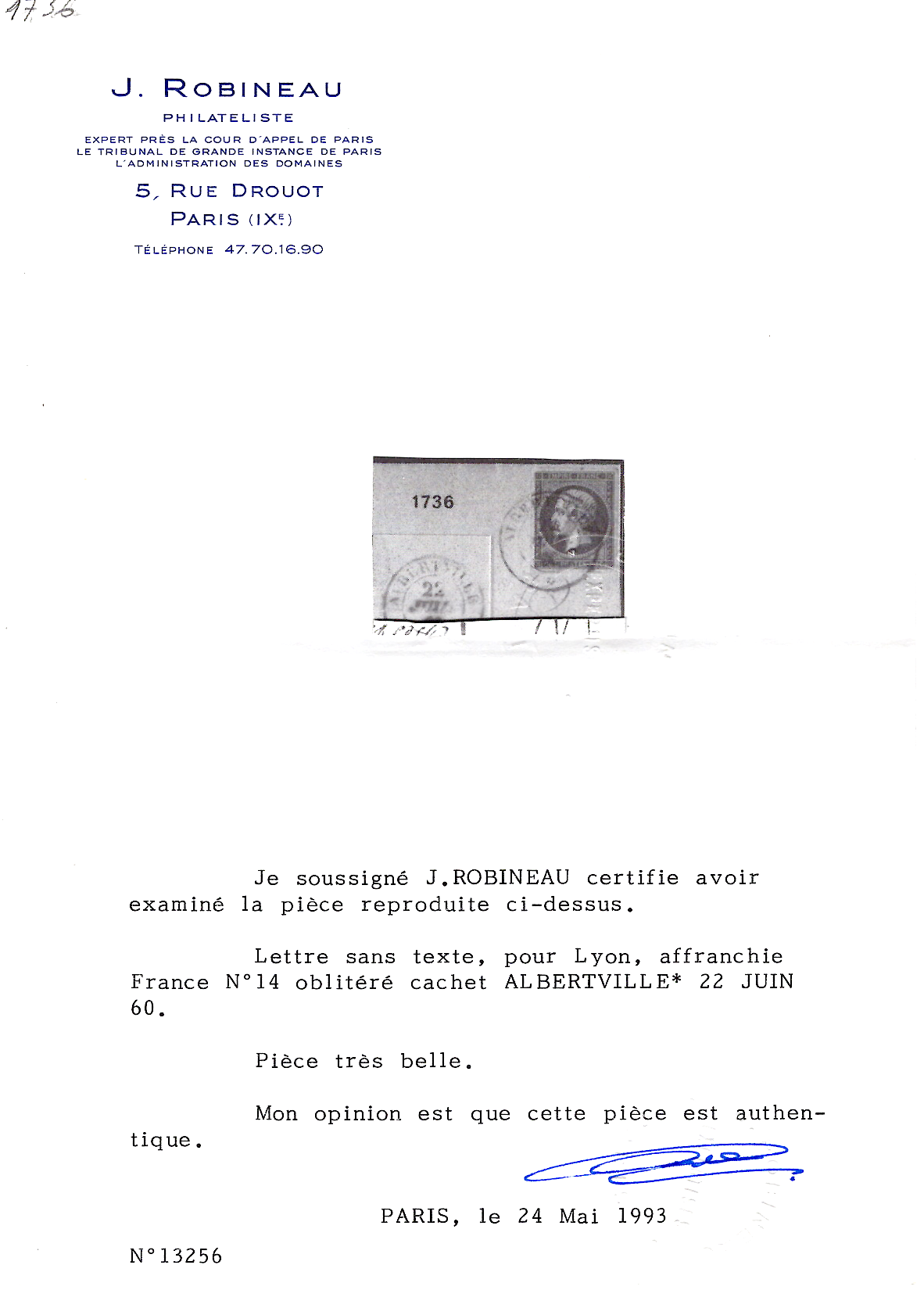 2 FRANCE N° 14 BELLES MARGES CACHET SARDE ALBERTVILLE 22 JUIL 1860 + CERTIFICAT