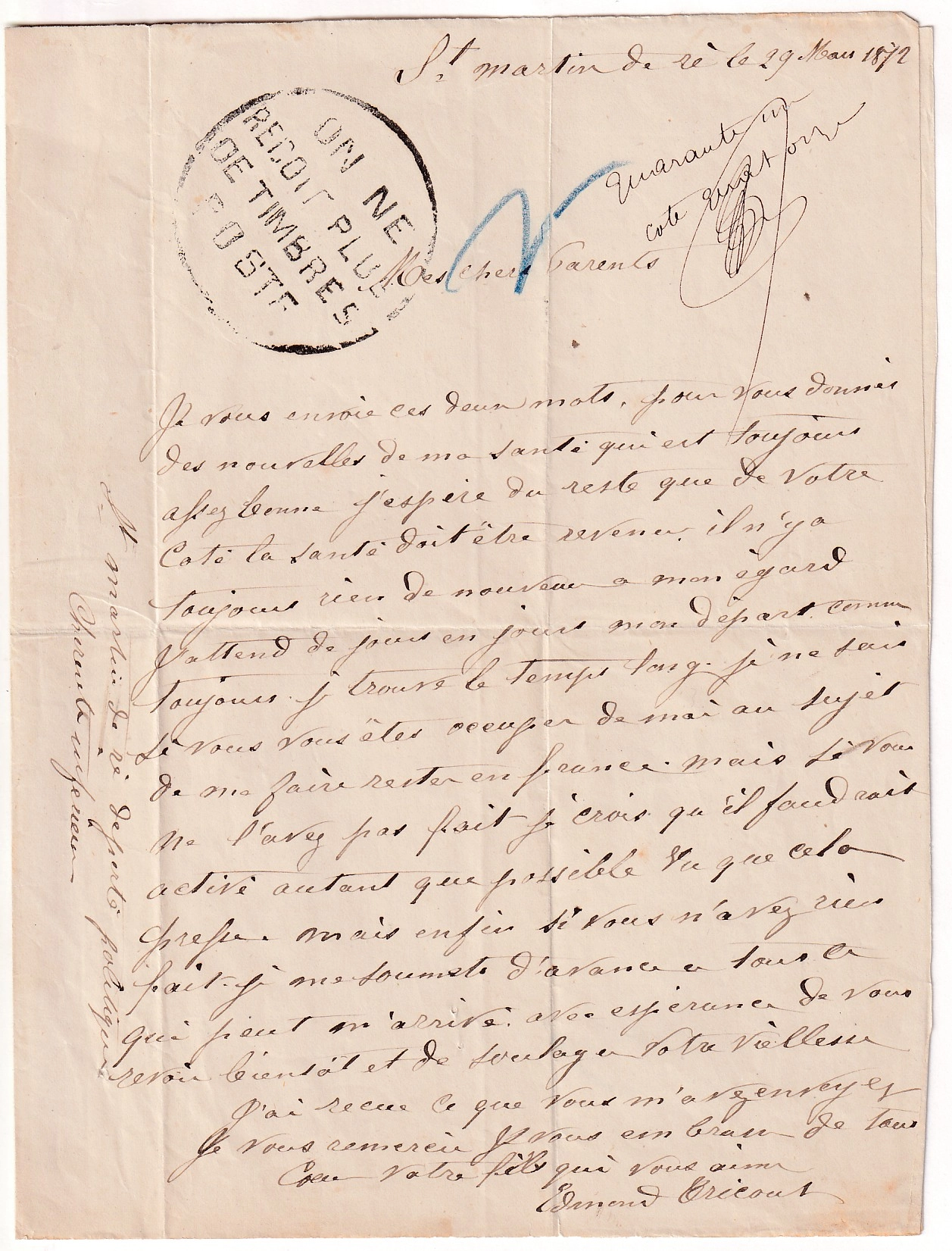 2 LETTRE D'UN DETENU A LA CITADELLE DE ST MARTIN DE RE CHARENTE INFERIEURE 4 AVRIL 1872 TAXE 40 DT POUR COULOMMIERS SEINE ET MARNE DETENU EDMOND TRICOUT CONDAMNE AU BAGNE DE NOU NOUVELLE CALEDONIE COMMUNE DE PARIS
