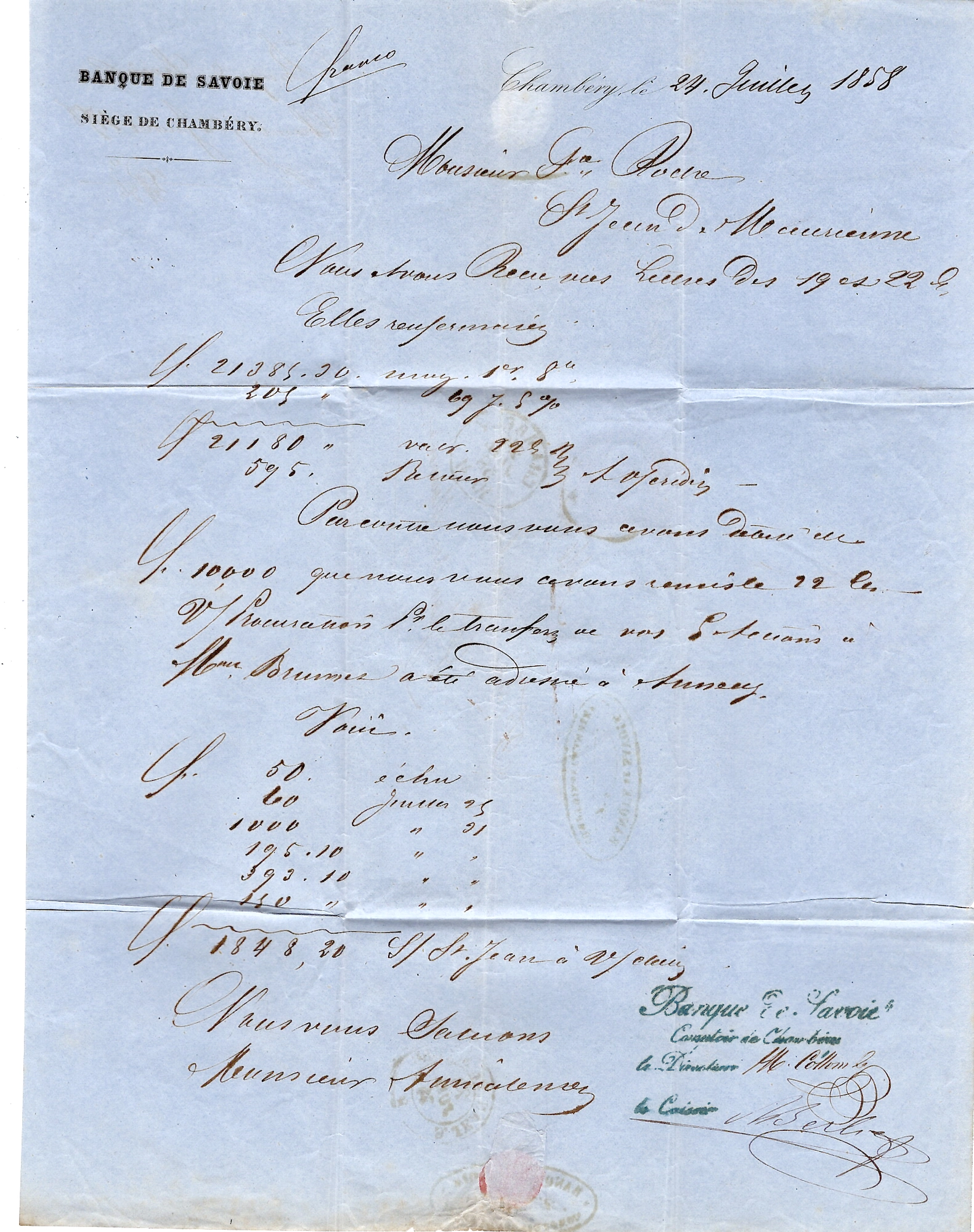2 SARDE 40C EFFLEURE EN HAUT SEUL LETTRE CHAMBERY 24 JUIL 1858 10M POUR ST JEAN SAVOIE