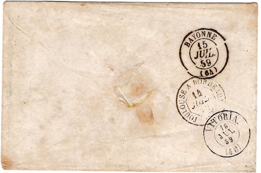 1 LETTRE TOULOUSE 13 JUIL 1859 + APRES DEPART POUR VITORIA ALAVA ESPANA TAXE 2R