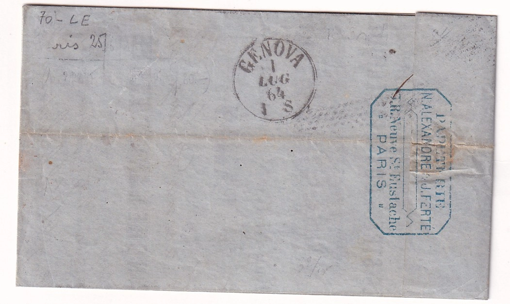 1 N°22 X2 POINTILLES FINS PARIS 3 60 1ER POUR GENES GENOVA ITALIE ITALIA 1864