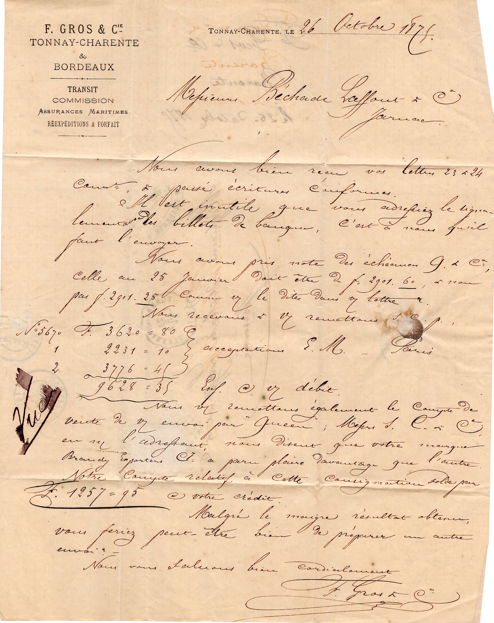 2 SIEGE 40C GC 1862 LETTRE CONVOYEUR STATION TONNAY CHARENTE LAR.A 1875