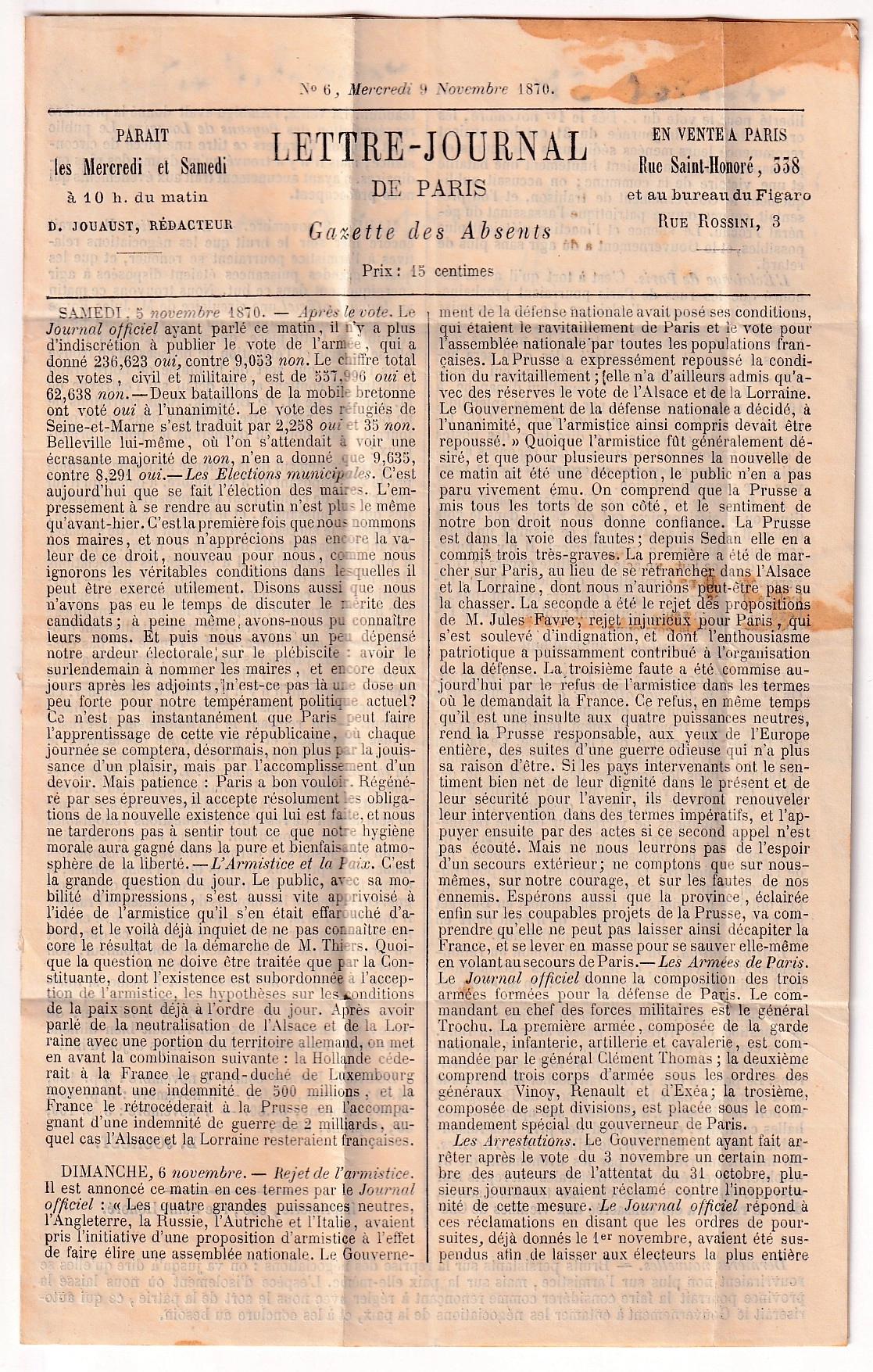 2 BALLON MONTE PARIS 15.11.1870 LE GENERAL UHRICH GAZETTE DES ABSENTS N°6 AU DOS DIVISION DES MARINS DETACHES A PARIS  POUR ALENCON ORNE ARRIVE 27.11.1870