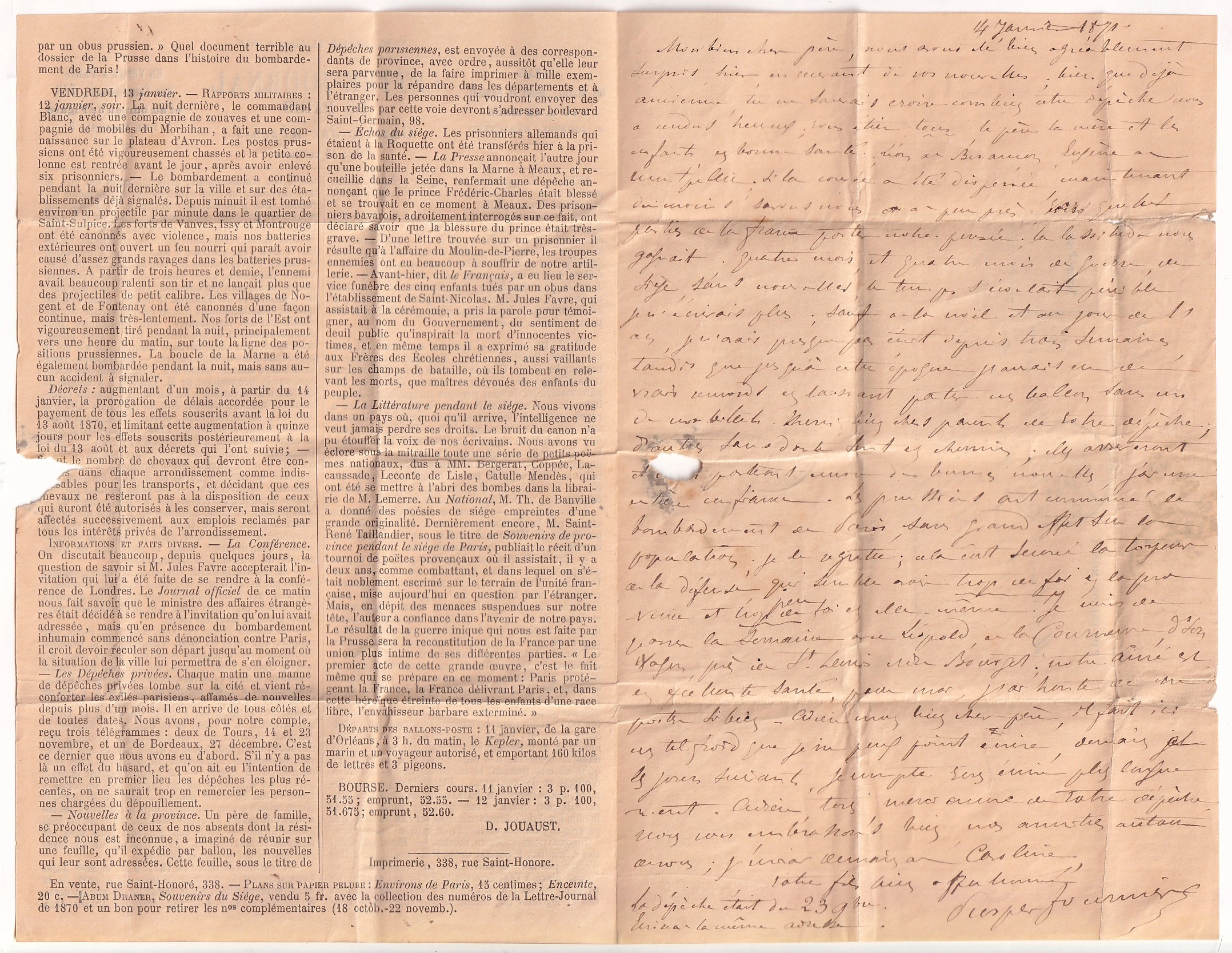 3 BALLON MONTE LA POSTE DE PARIS 16 JANV 1871 POUR NEGREPELISSE TARN ET GARONNE ARRIVE 29 JANVIER GAZETTE DES ABSENTS N°27