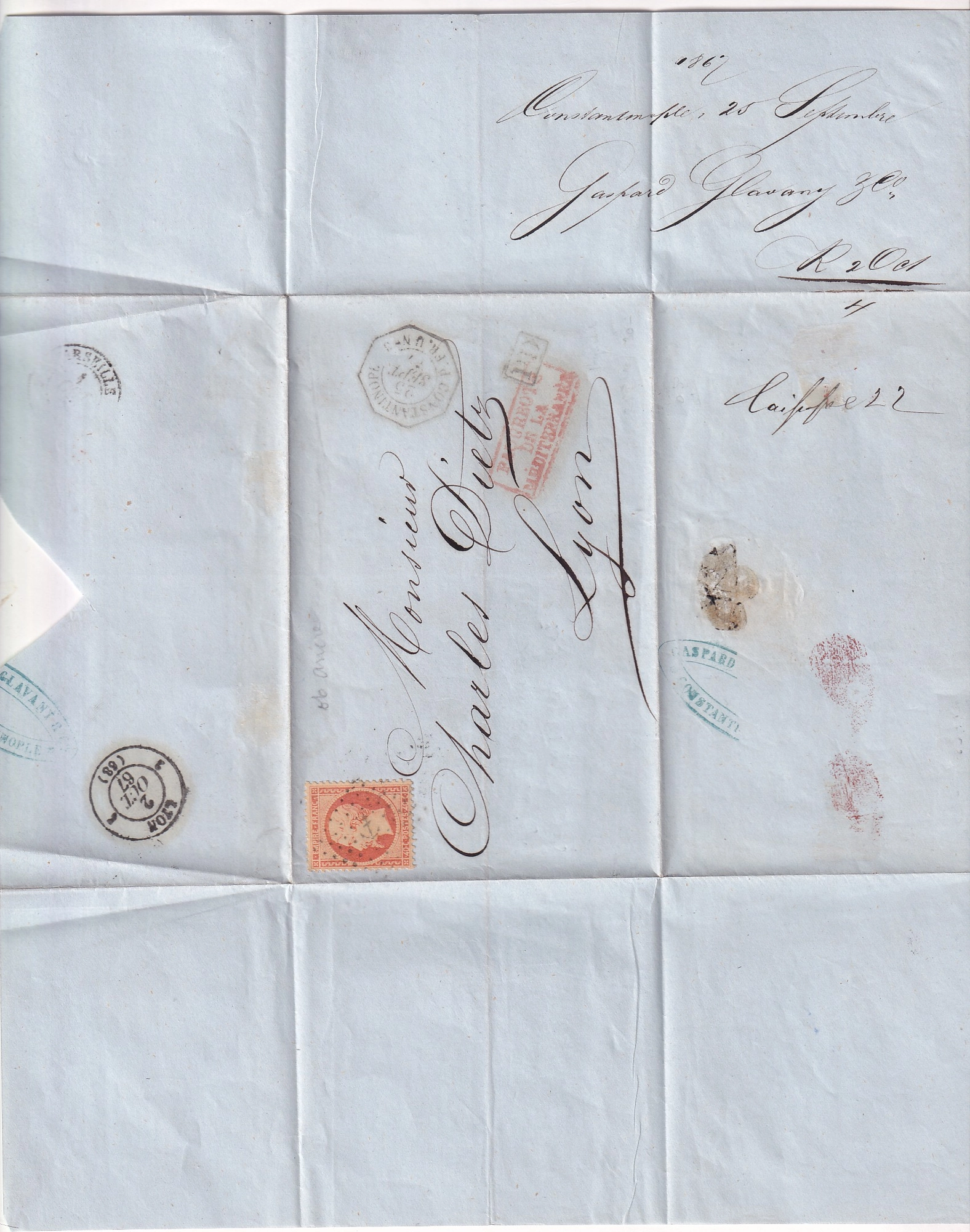 2 N°23 OBLITERATION ANCRE CAD OCTOGONAL CONSTANTINOPLE TURQUIE P FR U N°3 1867 POUR LYON RHONE