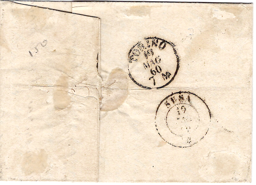 1 SARDE 20C BELLES MARGES LETTRE ST MICHEL 17 MAI 1860 POUR SUZE ITALIE
