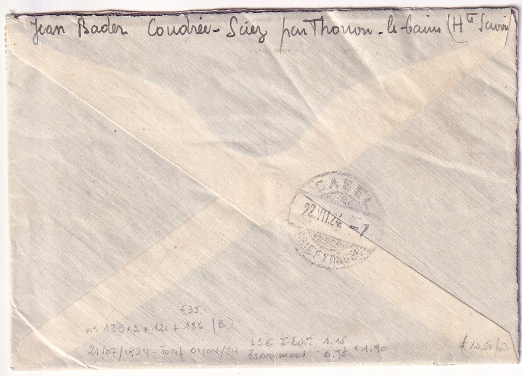1 N°139 121 186 RECOMMANDE SCIEZ HAUTE SAVOIE 1924 POUR BALE SUISSE