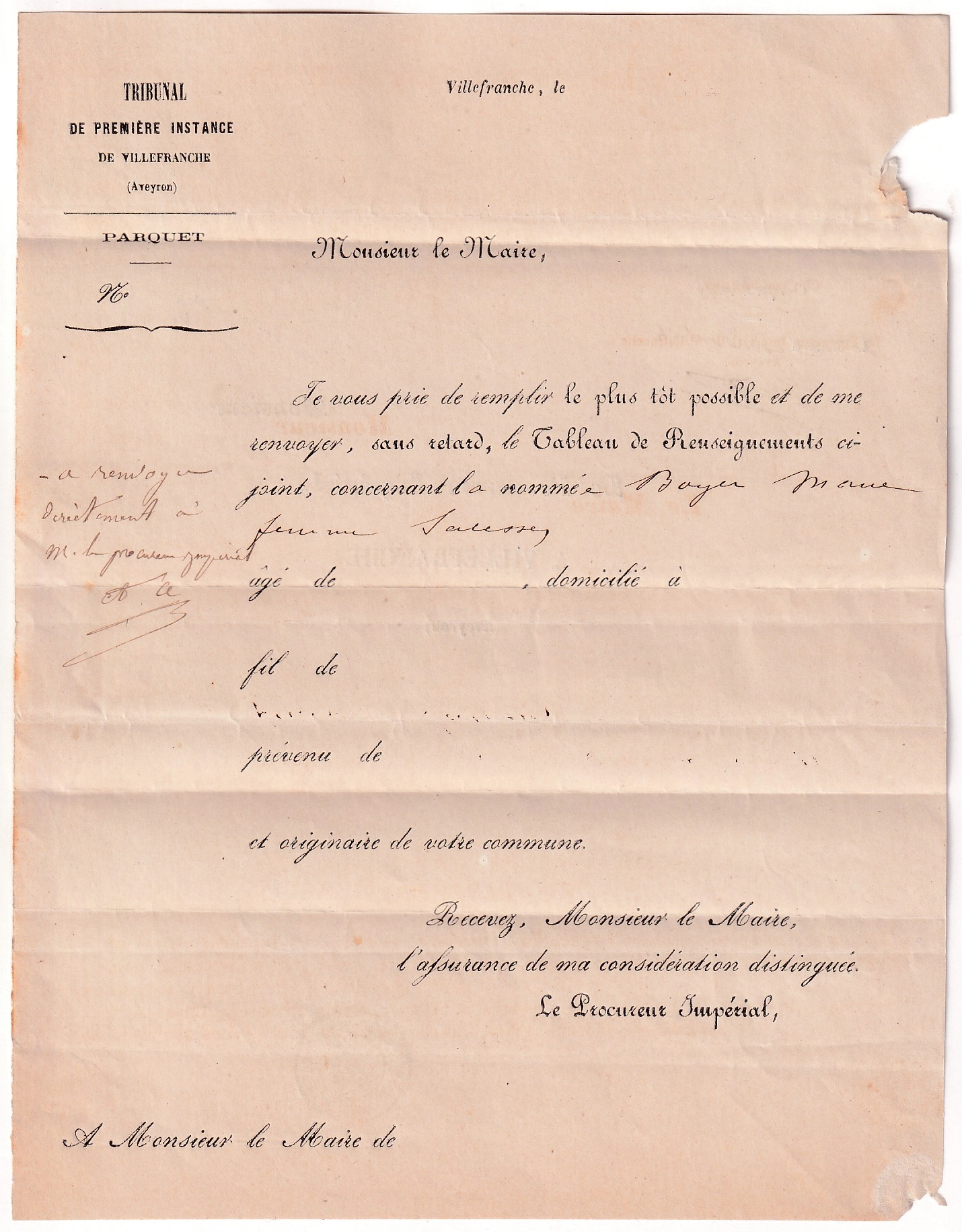 2 APRES LE DEPART SPECIAL N°2596 NAJAC AVEYRON BOITE RURALE E MONTEIL POUR VILLEFRANCHE 1868