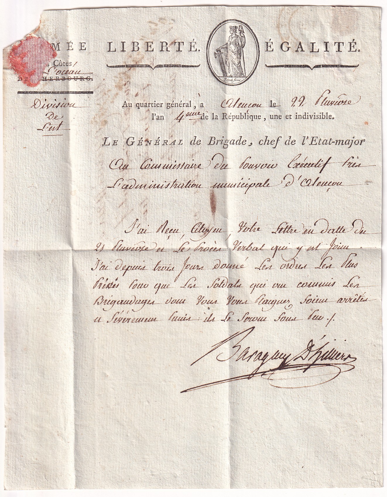 2 FRANCHISE LE GENERAL  DE ARMEE DES COTES DE CHERBOURG MANCHE POUR ALENCON ORNE AN4 1796 LOUIS BARAGUEY D'HILLIERS