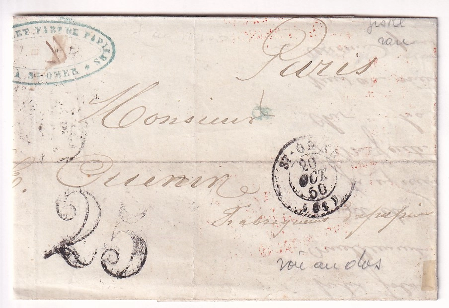 1 GRIFFE ENCADREE CONTROLE DES REBUTS DE PARIS DEPART ST OMER PAS DE CALAIS 1850