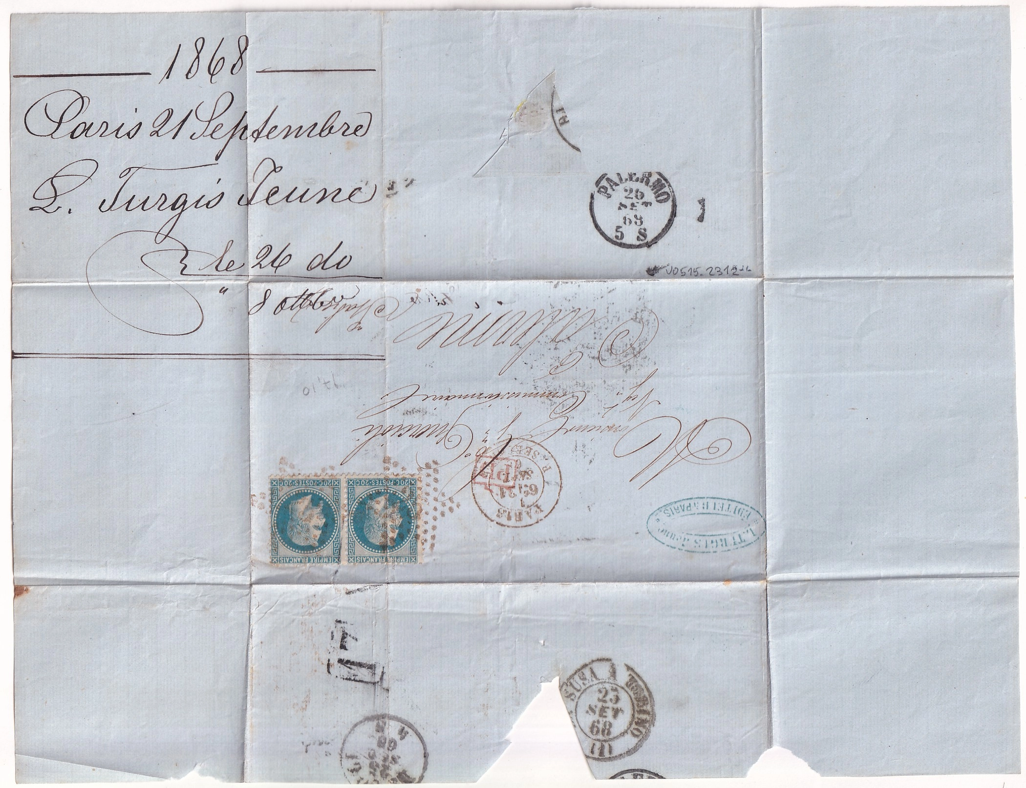 2 N°29 PAIRE PARIS RARE ETOILE ROUGE 25 R SERPENTE POUR PALERME ITALIE ITALIA