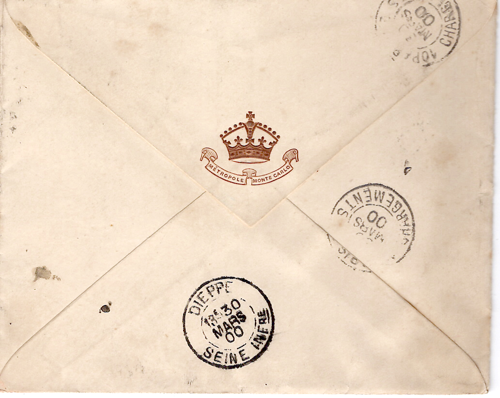 1 MONACO 40C SEUL LETTRE RECOMMANDEE ENTETE HOTEL METROPLE MONTE CARLO 1900 POUR DIEPPE