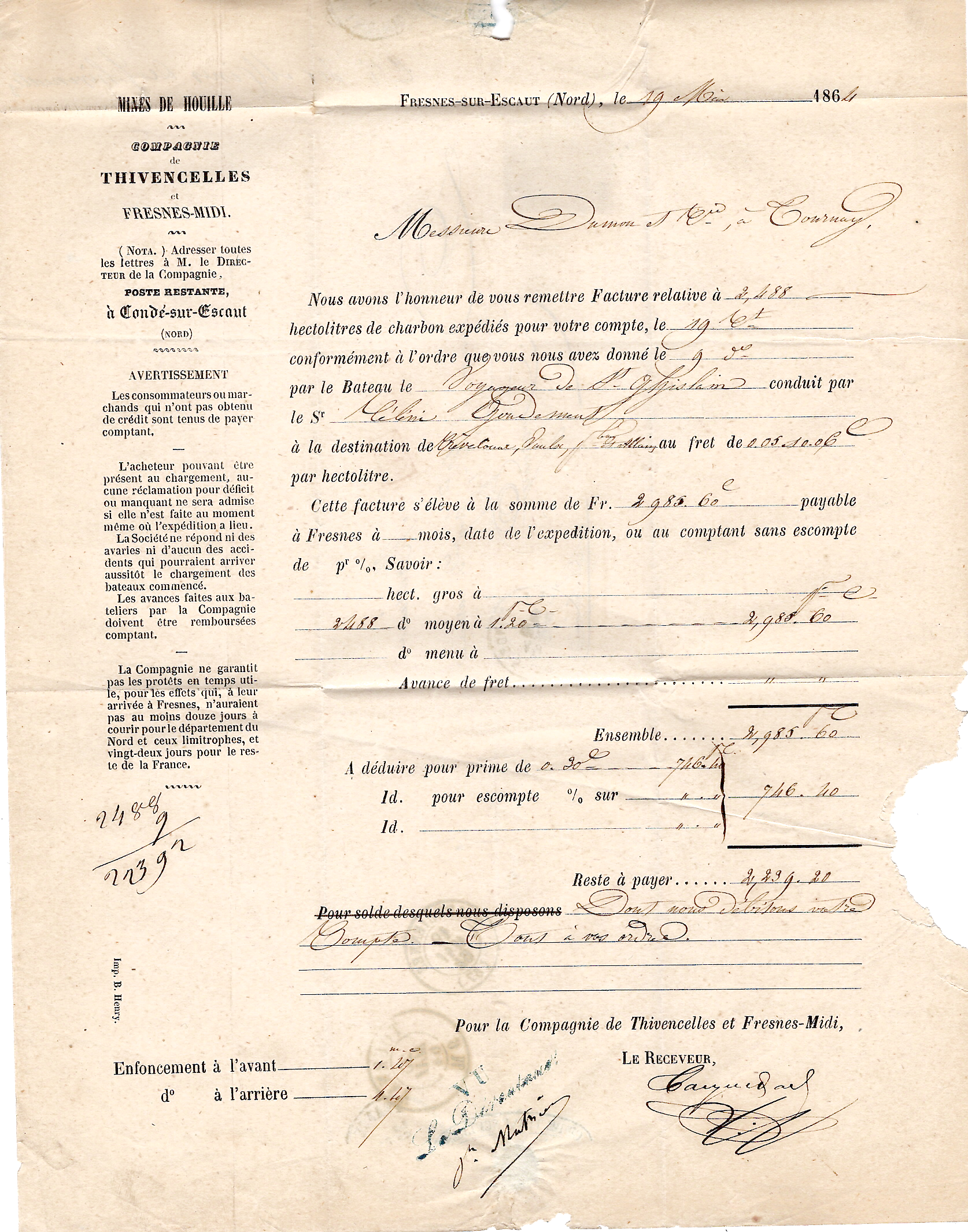 2 N° 22 GC 1105 TYPE 15 CONDE NORD1864 LETTRE POUR TOURNAI BELGIQUE TARIF FRONTALIER