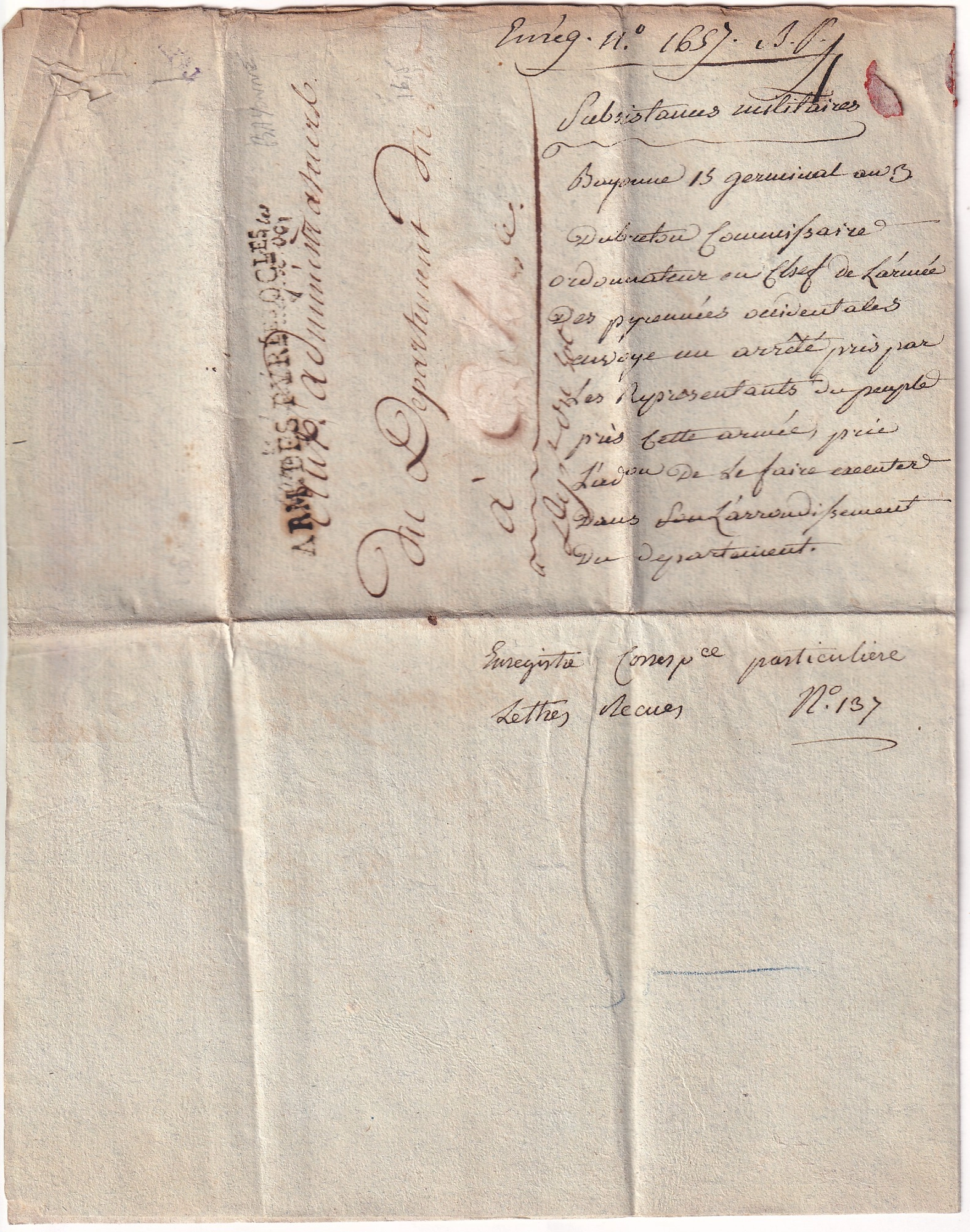 1 MARQUE ARMEE DES PYRENEES OCCIDENTALES BAYONNE AN 3 BASSES PYRENEES POUR CAHORS LOT + FRANCHISE SOUS MARQUE ARMEE